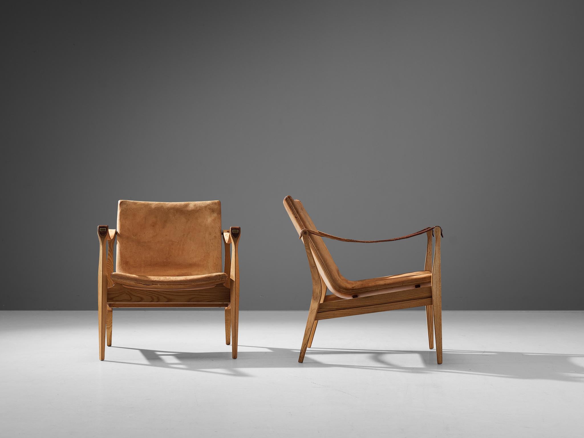 Karen & Ebbe Clemmensen Pair of Safari Chairs in Ash and Patinated Leather 1