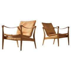 Karen & Ebbe Clemmensen Pair of Safari Chairs in Ash and Patinated Leather