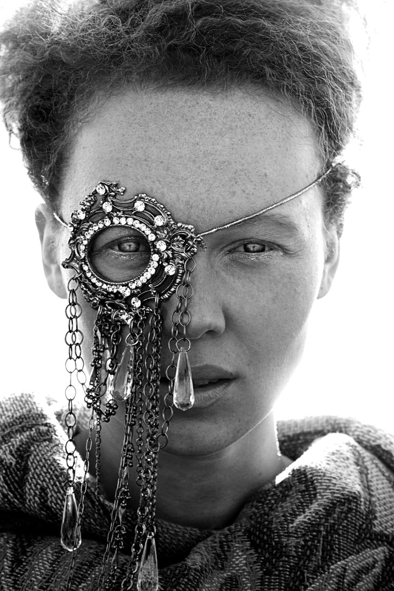 Karen Epstein Black and White Photograph - Monocle I,  Black and white fashion photo of model in jeweled monocle