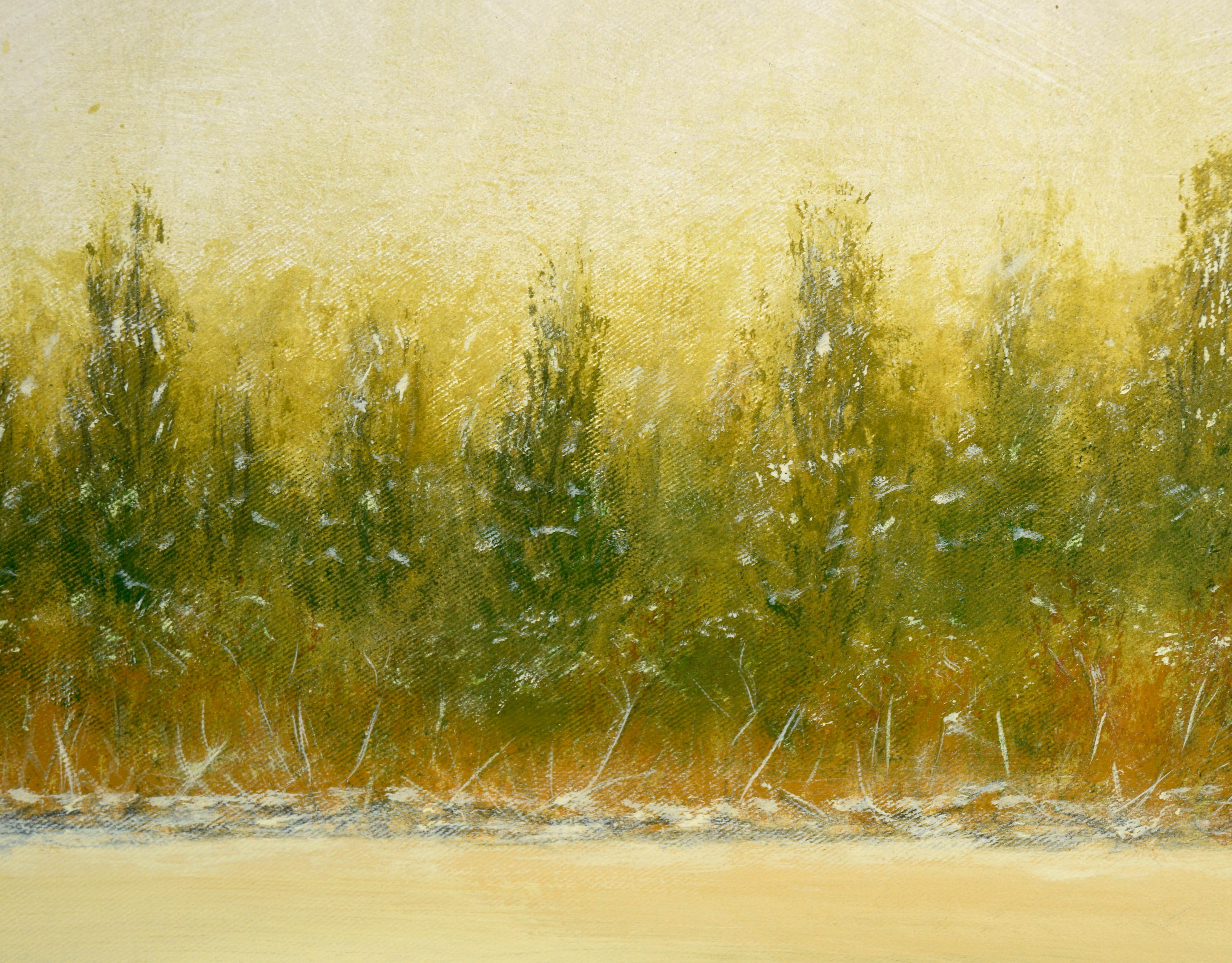Across the Frozen Pond - Winter Landscape in Oil on Canvas - Orange Landscape Painting by Karen Evans