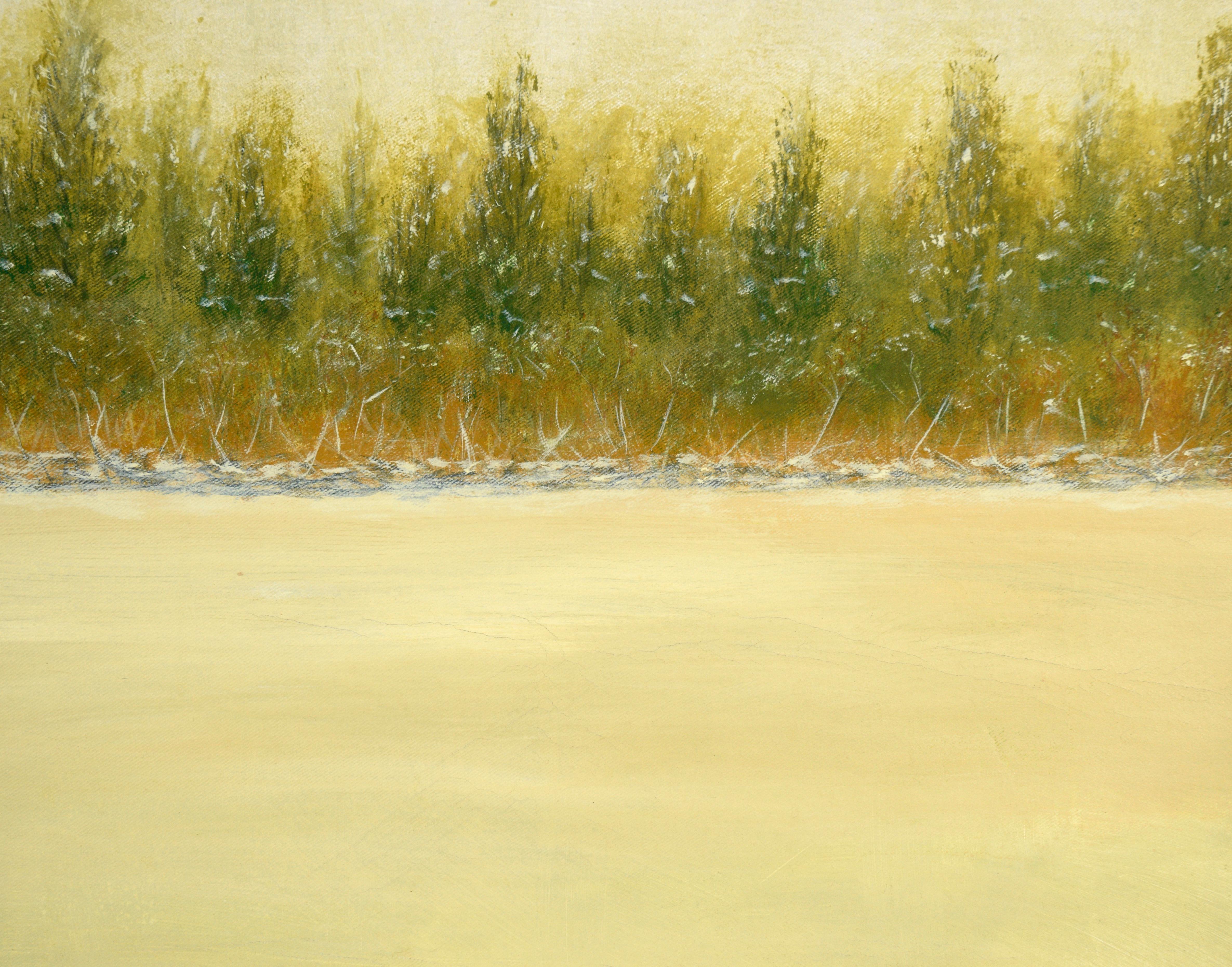 Across the Frozen Pond - Winter Landscape in Oil on Canvas

Winter landscape by Karen Evans (b. 1952). An off-white expanse of snow stretches out from the bottom edge of the canvas, terminating in a small ridge at the far side of the pond. There is