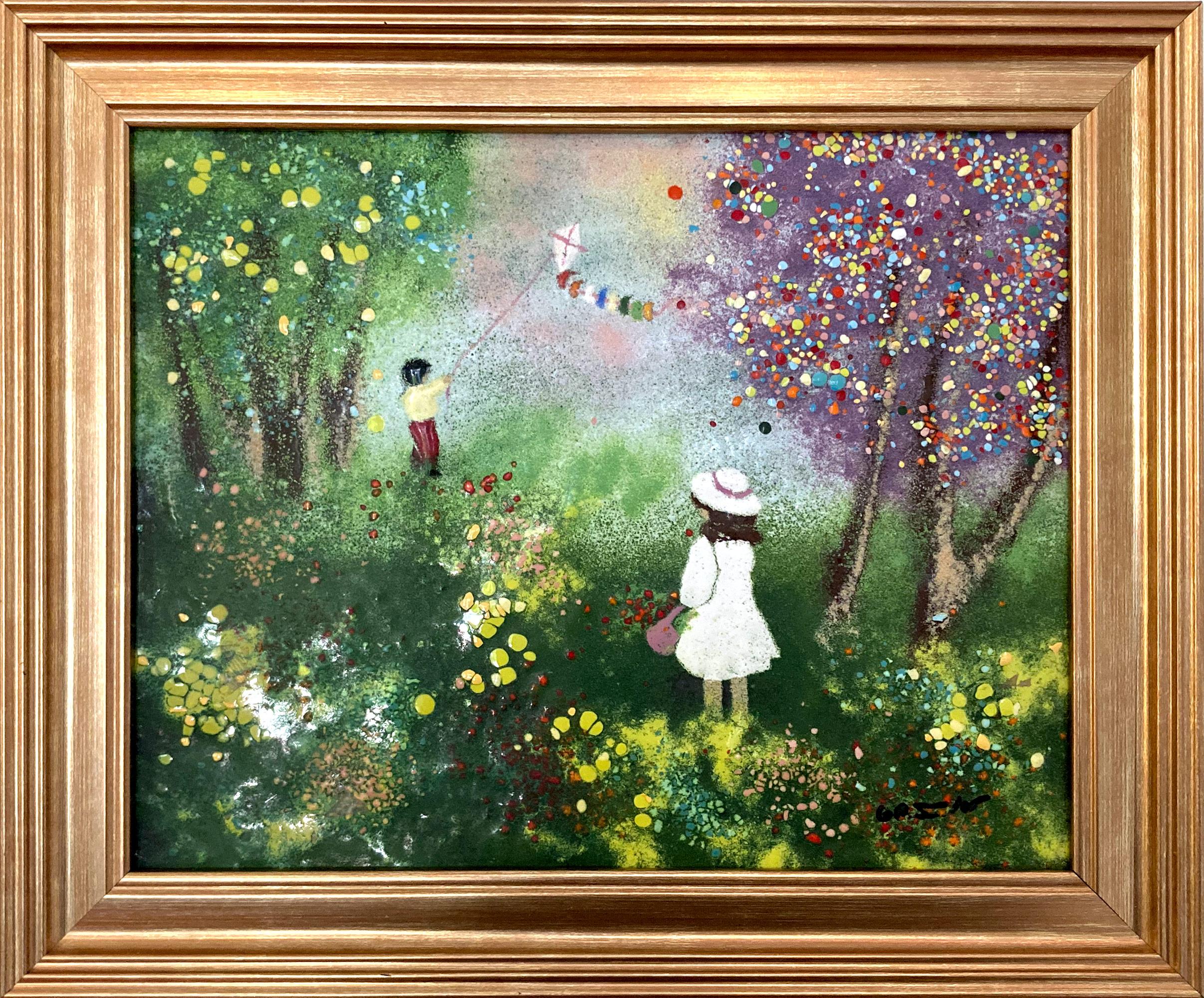 Karen Greene Figurative Painting – "Bruder und Schwester auf dem Feld" Impressionistische amerikanische Malerei auf Kupfer