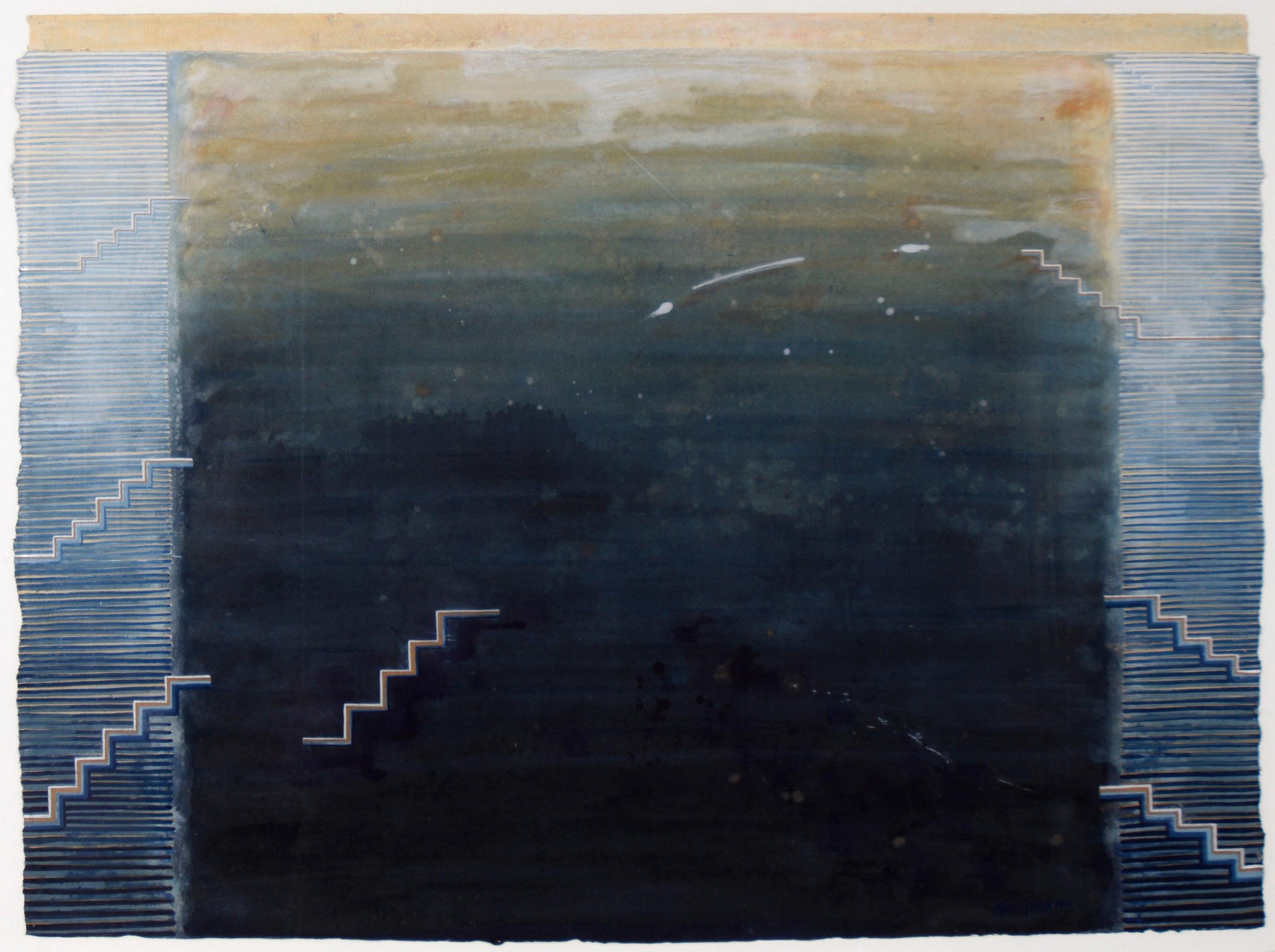 Abstract Expressionist Composition with Stairs in Gouache and Ink on Paper - Painting by Karen Guzak
