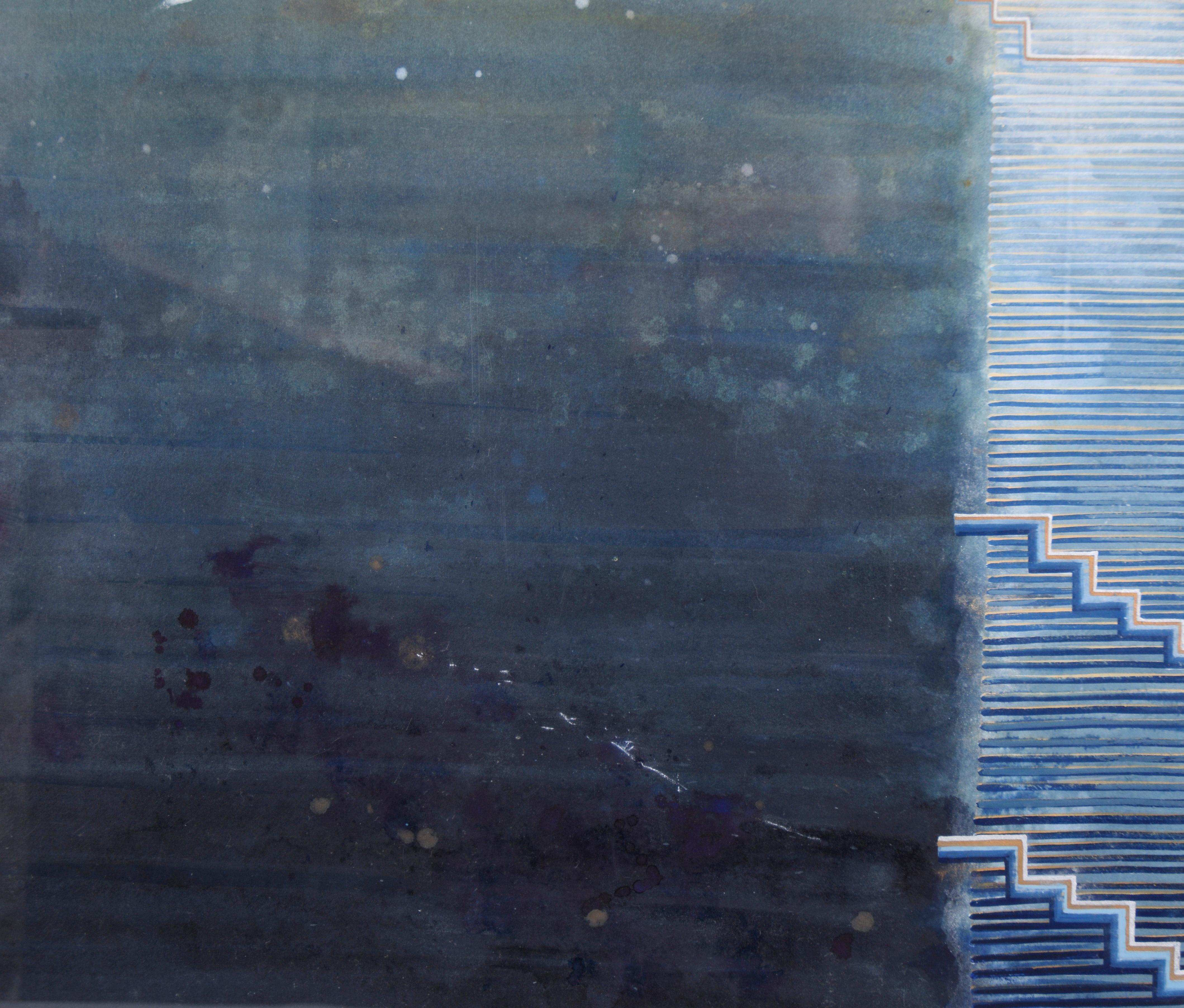 Abstract Expressionist Composition with Stairs in Gouache and Ink on Paper

Bold abstract composition by Pacific Northwest artist Karen Guzak (American, b. 1939). A large, dark blue area fades into a pale peach color, with variations throughout.