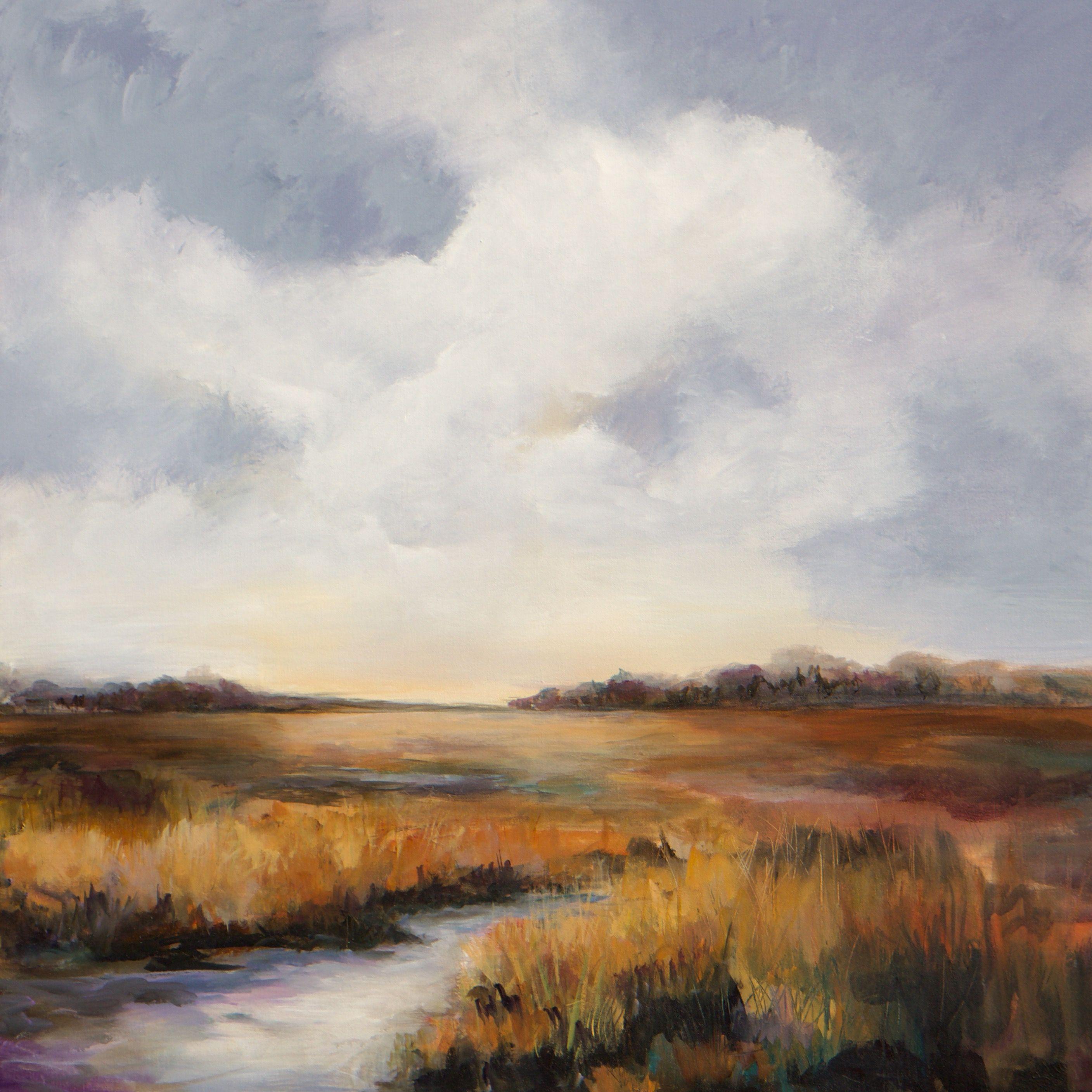 This original landscape painting could be a marsh or stream or creek. It is worked on a gallery wrapped canvas in an impressionist style. There are 10+ layers of acrylic paint and washes that give the piece nuance, depth, and interest. Each of my