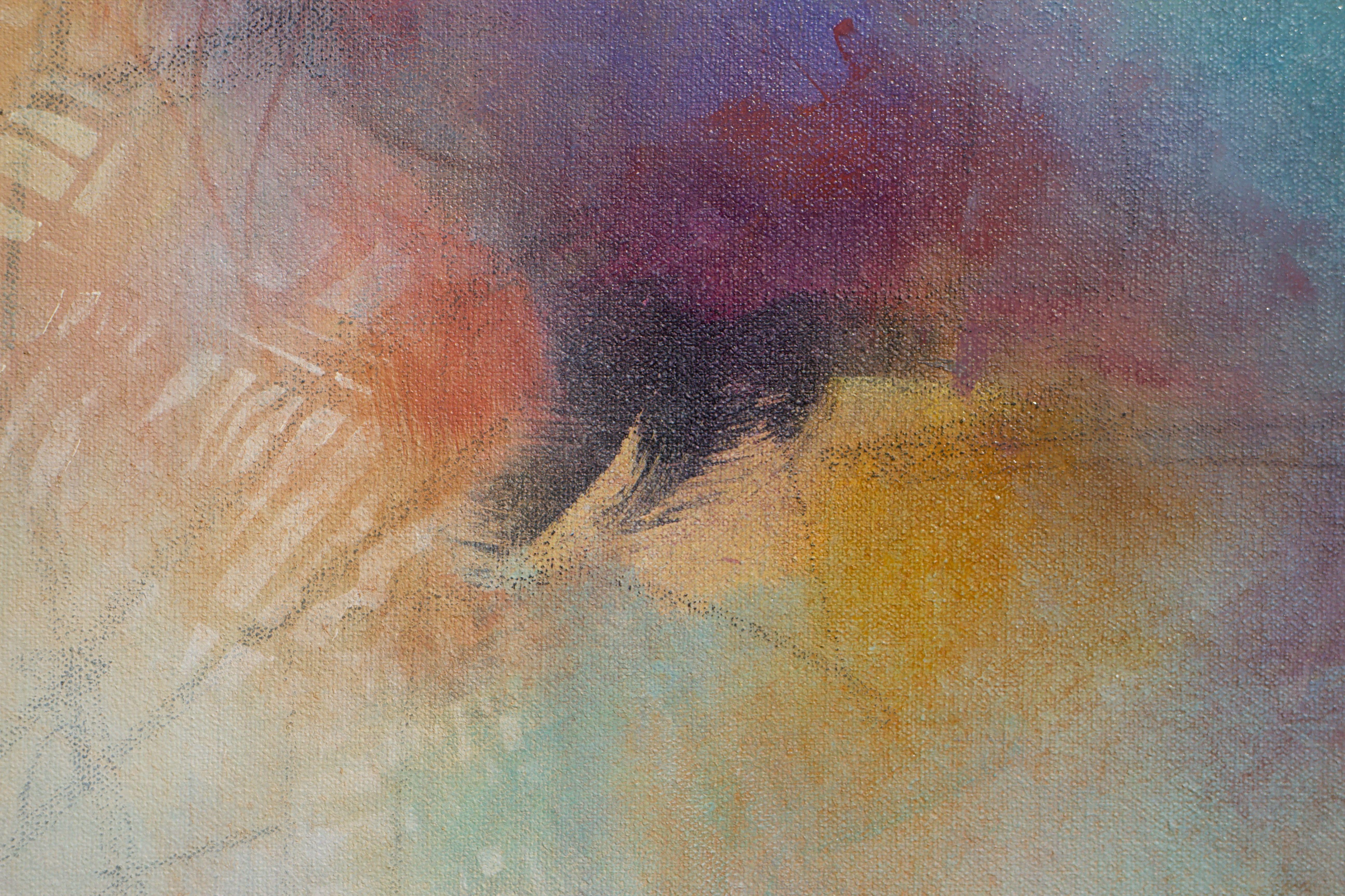Si tratta di un dipinto originale di espressionismo astratto su una tela avvolta in una galleria.  I colori sono sia vivaci che tenui.  Ci sono più di 10 strati di pittura acrilica e lavaggi che danno al pezzo sfumature, profondità e interesse.  I