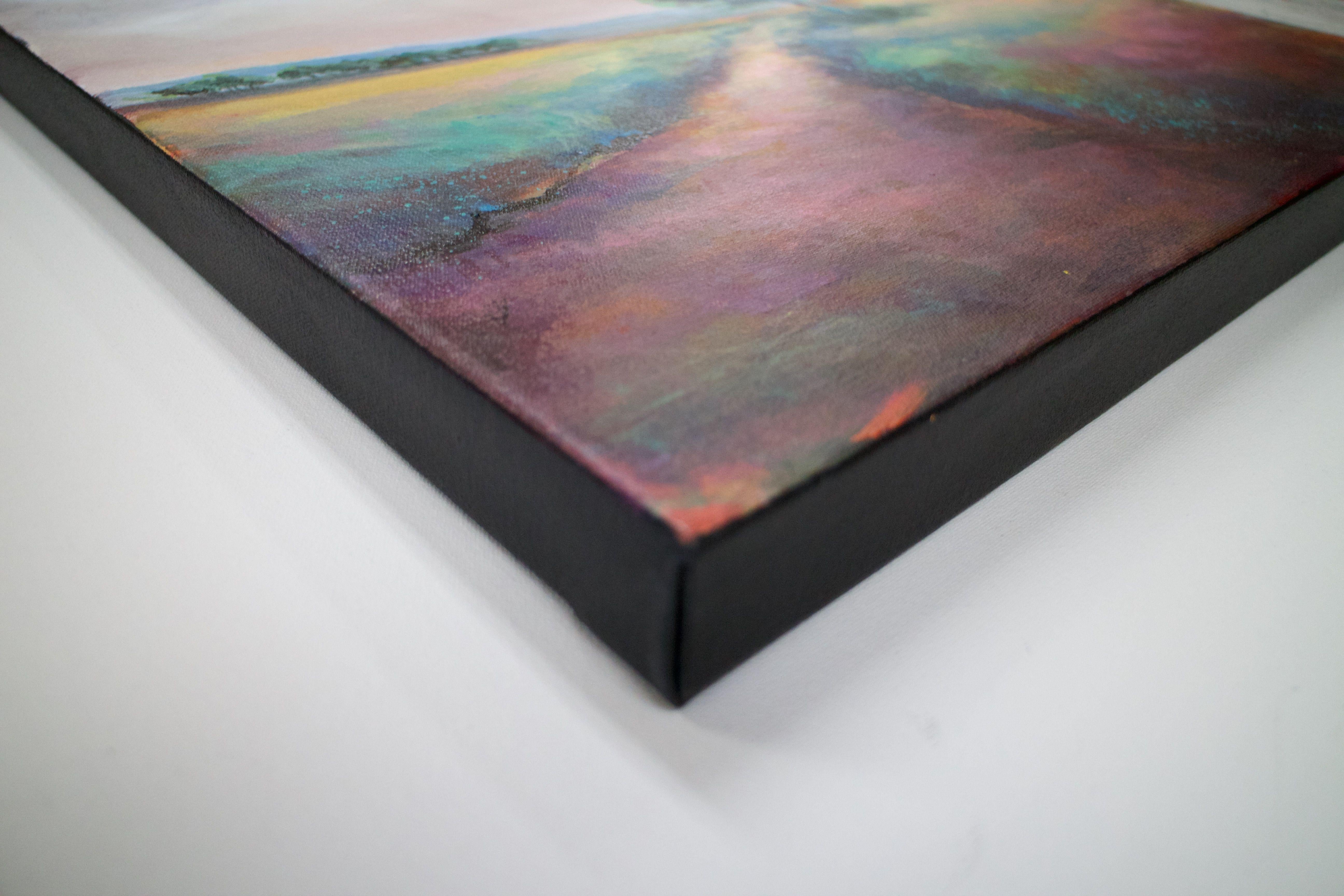 Este colorido paisaje original está realizado en estilo impresionista y presentado en un lienzo envuelto en una galería.  Hay más de 10 capas de pintura acrílica y lavados que dan a la pieza matices, profundidad e interés.  Los bordes laterales