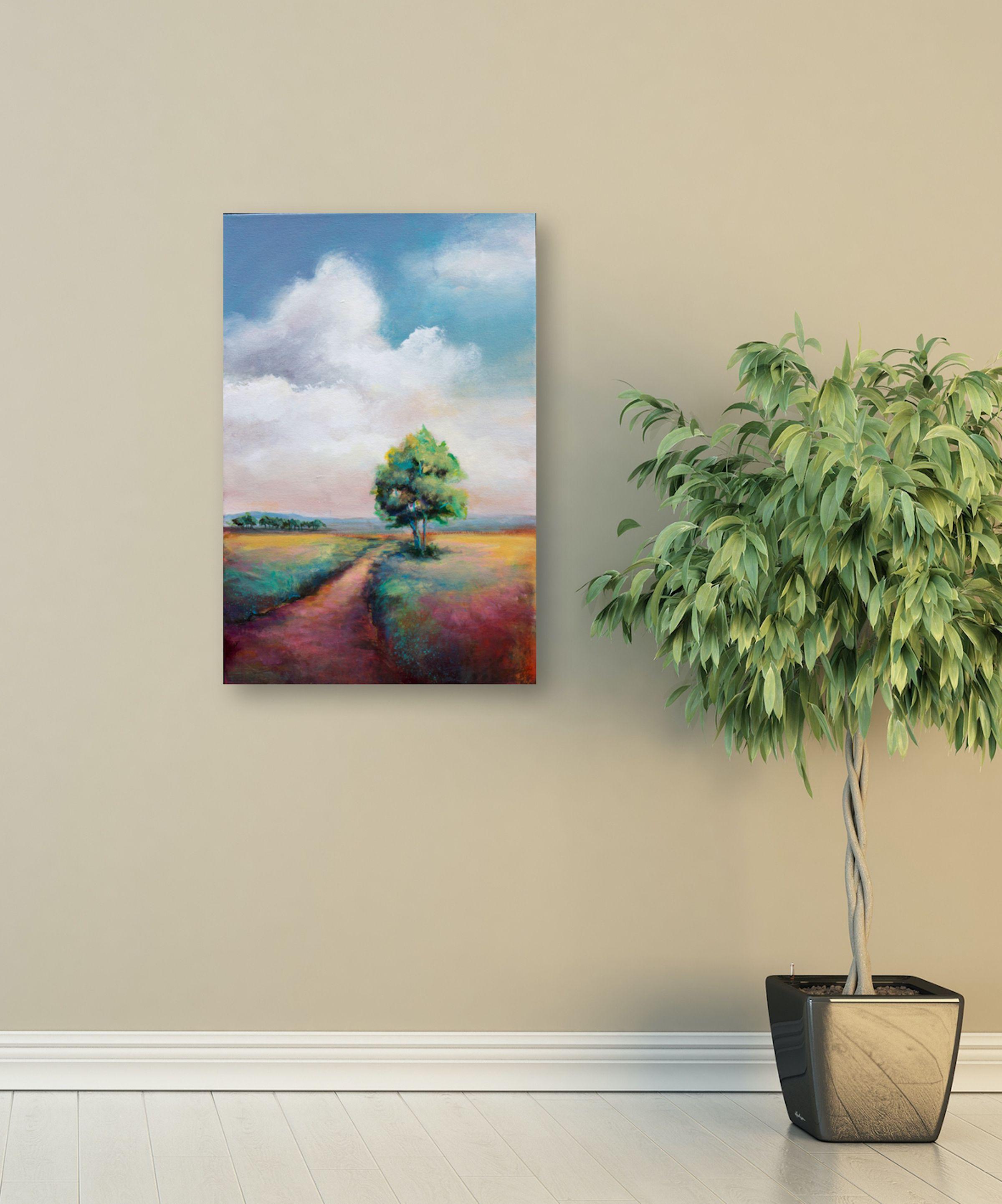 This original colorful landscape is done in an impressionist style and presented on a gallery wrapped canvas.  There are 10+ layer of acrylic paint and washes that give the piece nuance, depth, and interest.  The sided edge are painted black and it