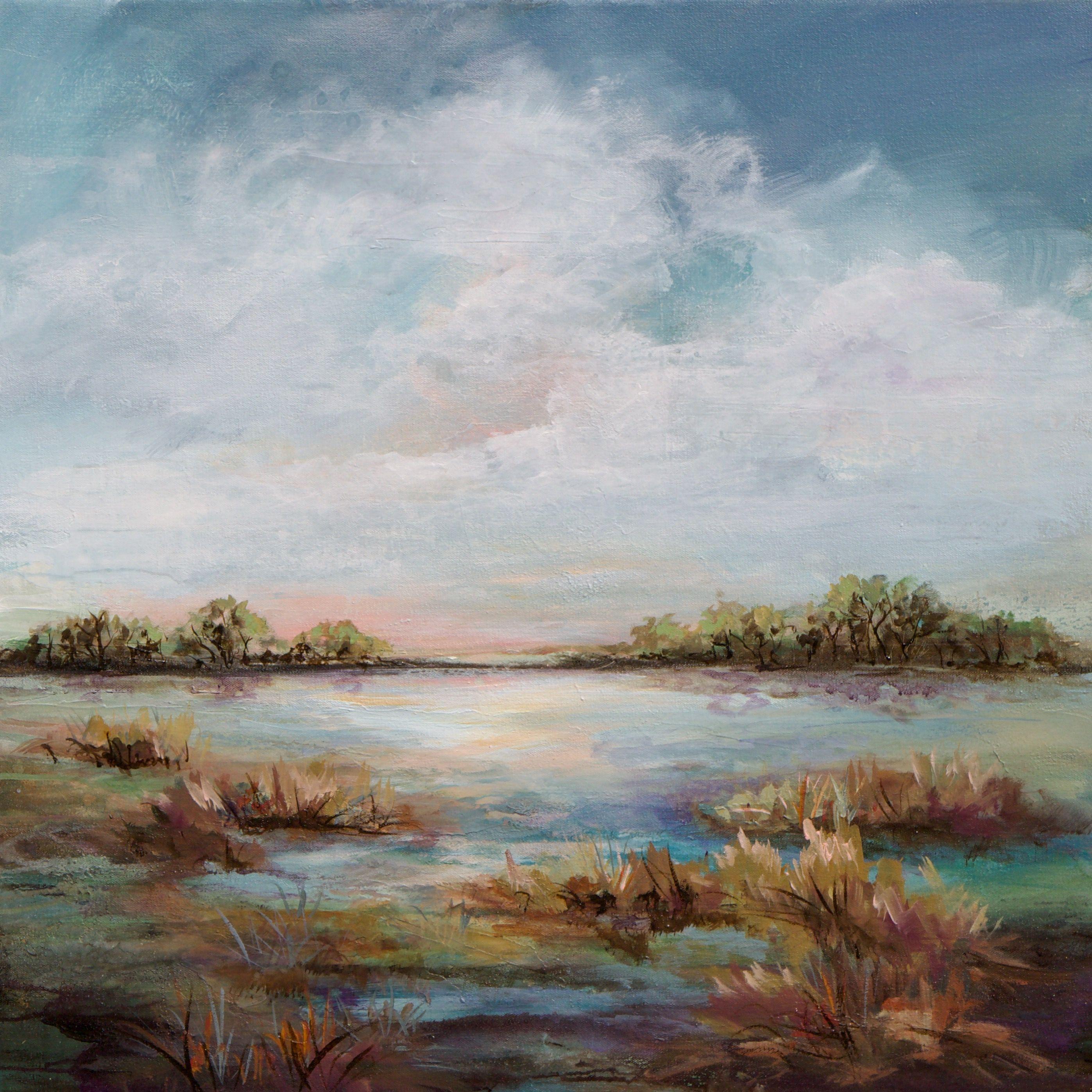 This original marshland scene landscape is presented on a gallery wrapped canvas. There are 15+ layers of acrylic paint and washes that give the piece nuance, depth, and interest. The side edges are painted black and it is wired ready to hang.  Each