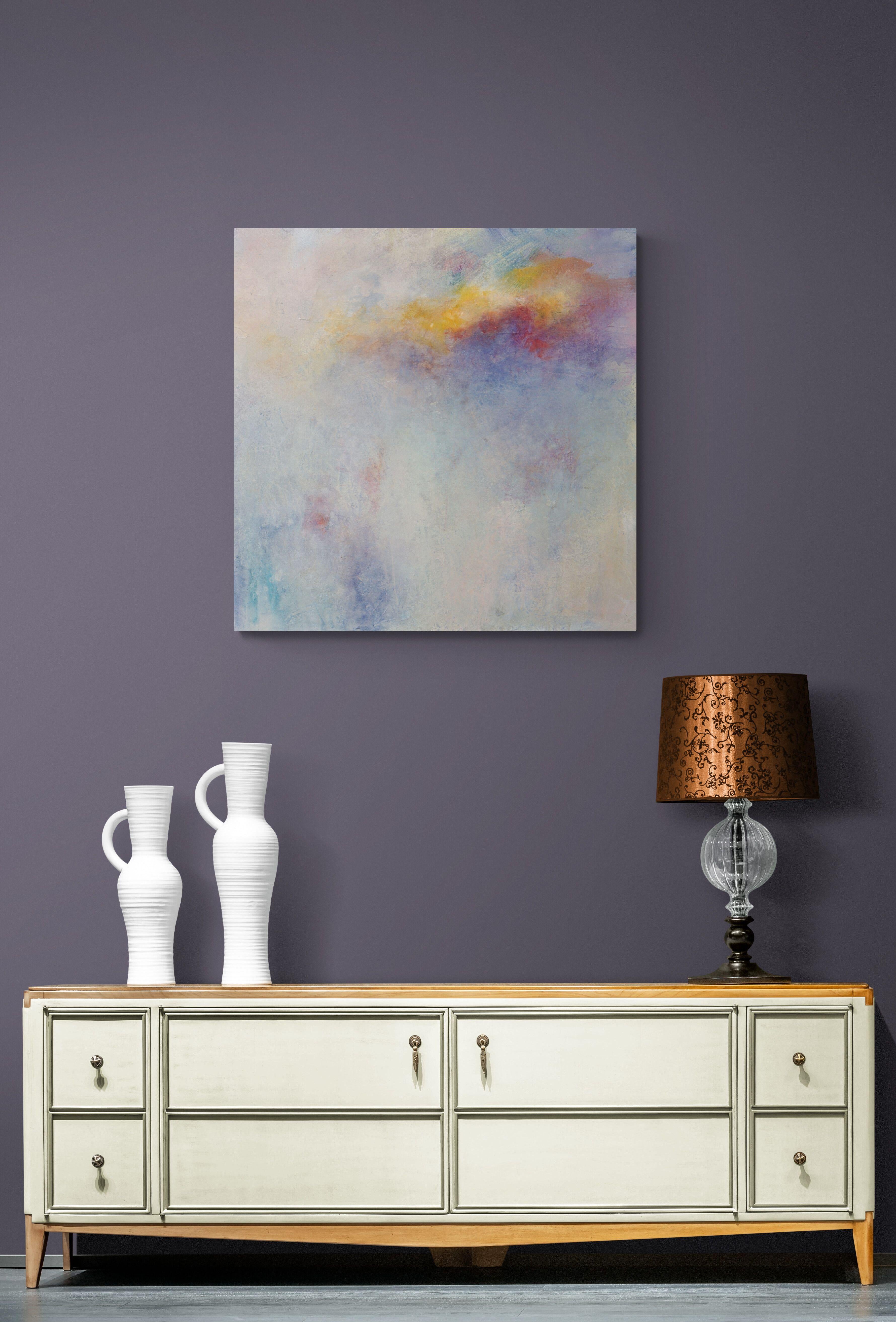 This original panting is an abstract on a gallery wrapped canvas.  The canvas is soft and neutral with a bold band of color so therefore the title.  There are 10+ layers of acrylic paint and washes that give the piece nuance, depth, and interest.