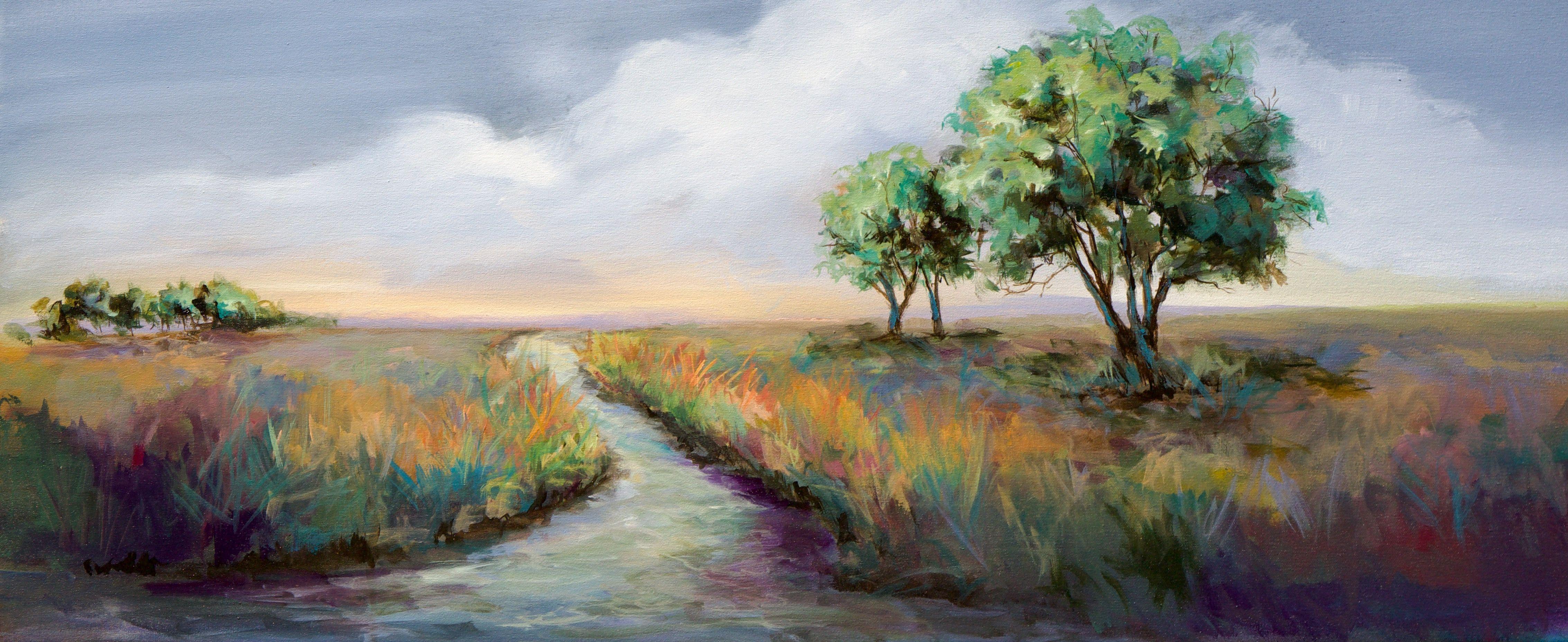 This evocative acrylic landscape is inspired by the artist's trip to the Low Country of South Carolina. Painted on a gallery-wrapped canvas with painted black sides and featuring a clear UV finish for protection, this original artwork has over ten
