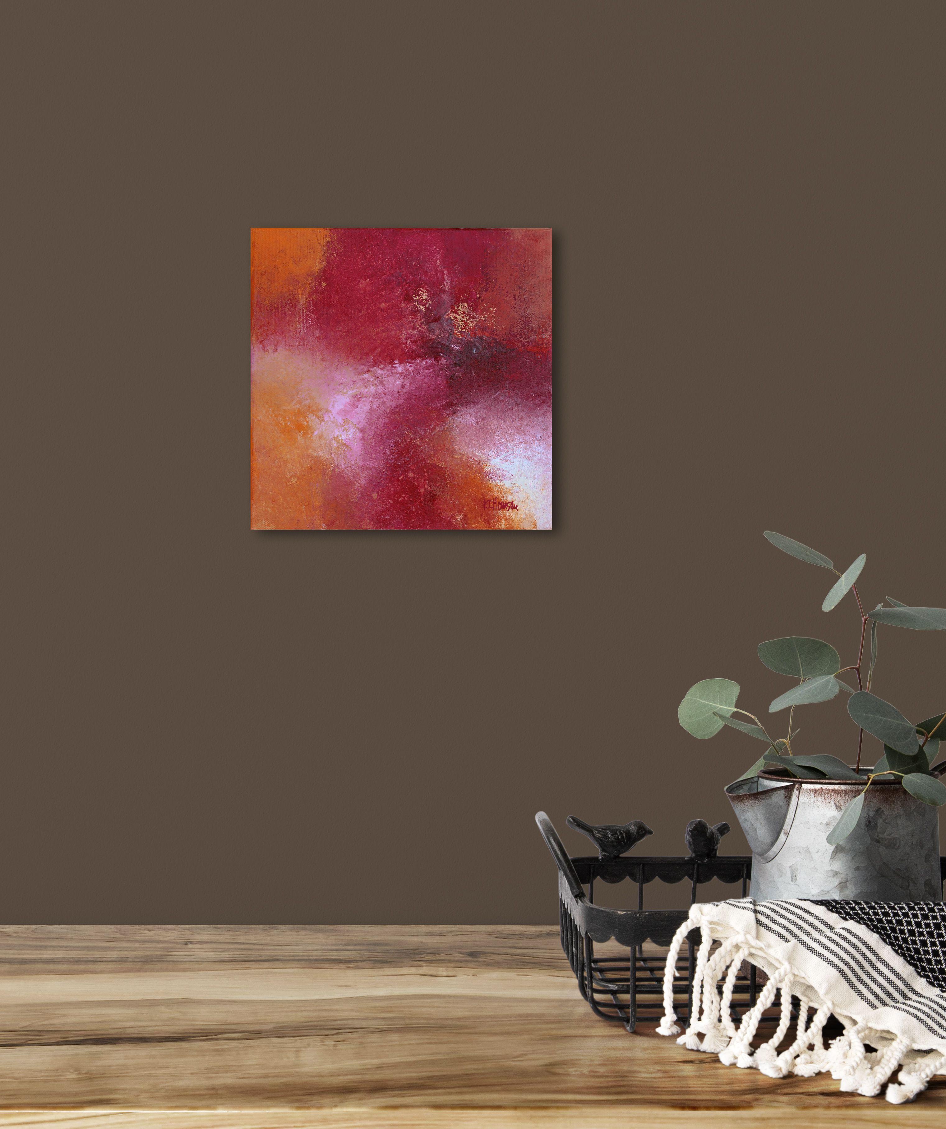 This small painting was created with a very limited palette from warm oranges to the cool pinks. It was painted for the sheer joy of playing with those colors. The atmospheric quality of the image, with its lost and found edges, adds a sense of