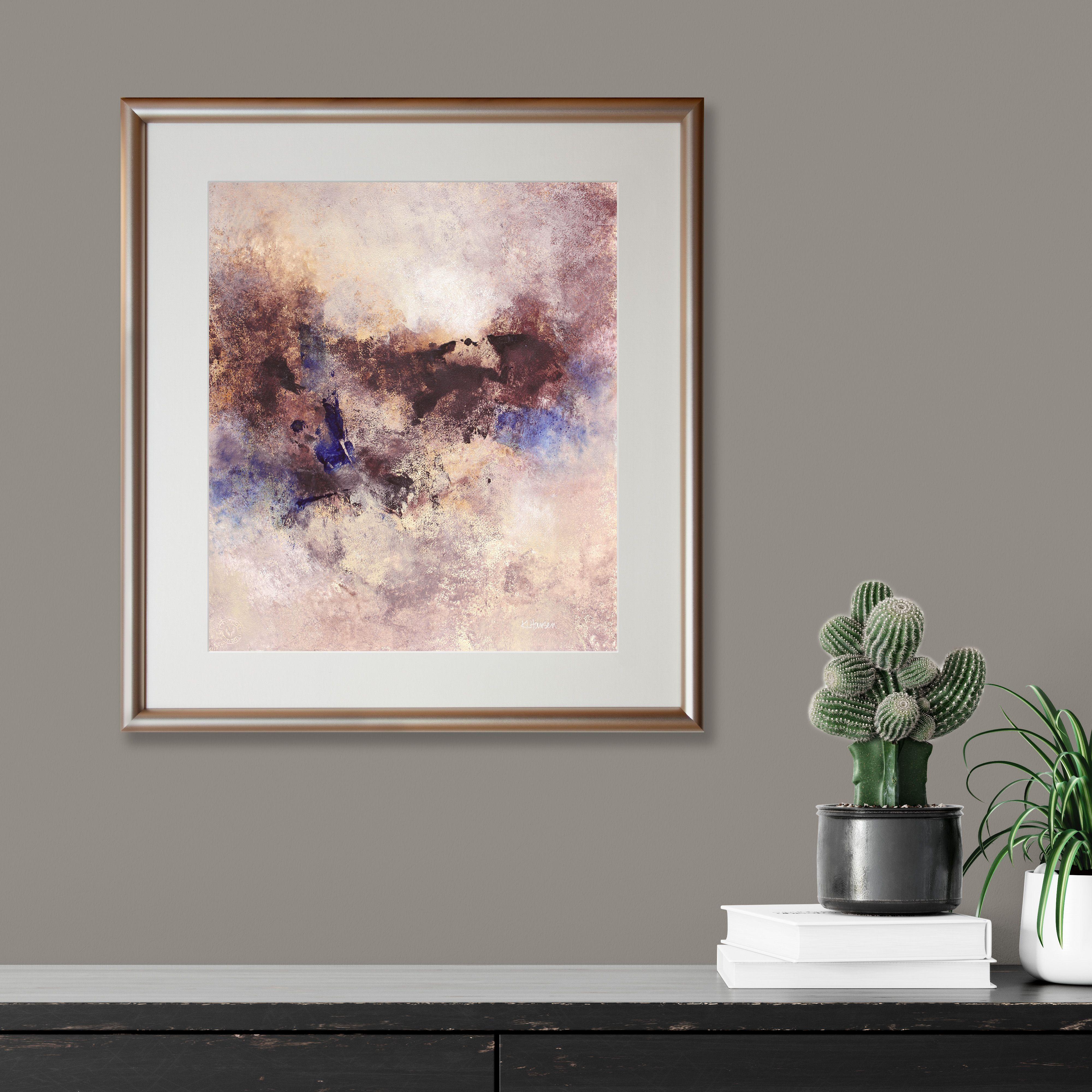 This light filled atmospheric painting was created intuitively in search of mystery, luminosity and sparkle. And for the sheer joy of exploring!    The painting, First Hand, is offered framed, surrounded with a white mat and framed with a minimal,