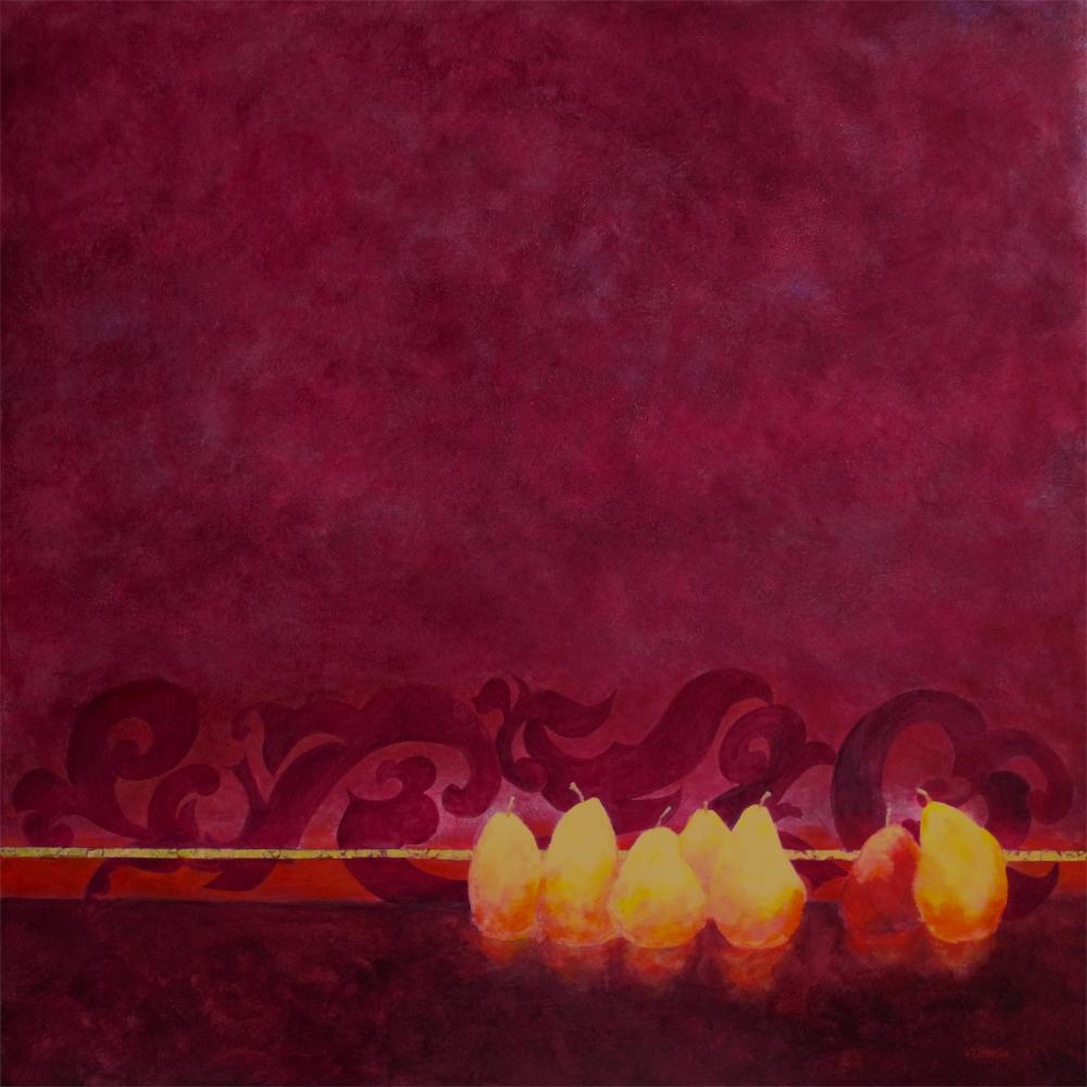 Plump, glowing yellow pears stand in line across this painting, casting vibrant reflections. Behind them is an elegant deep red motif which is accented by a thin line of gold leaf. The remainder of the piece is layered with translucent shades of