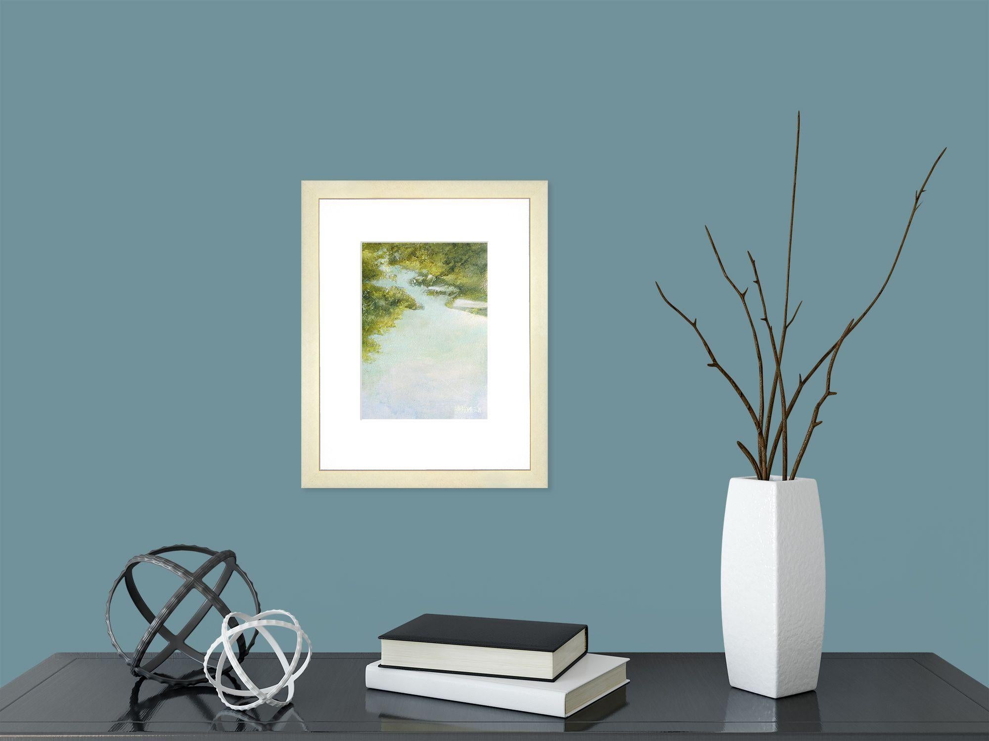 A quiet turquoise creek meanders through the grasses and out toward the viewer in this tiny abstracted landscape. Acrylic on archival watercolor paper, it is offered framed with a white matte and surrounded by a contemporary brushed brass colored