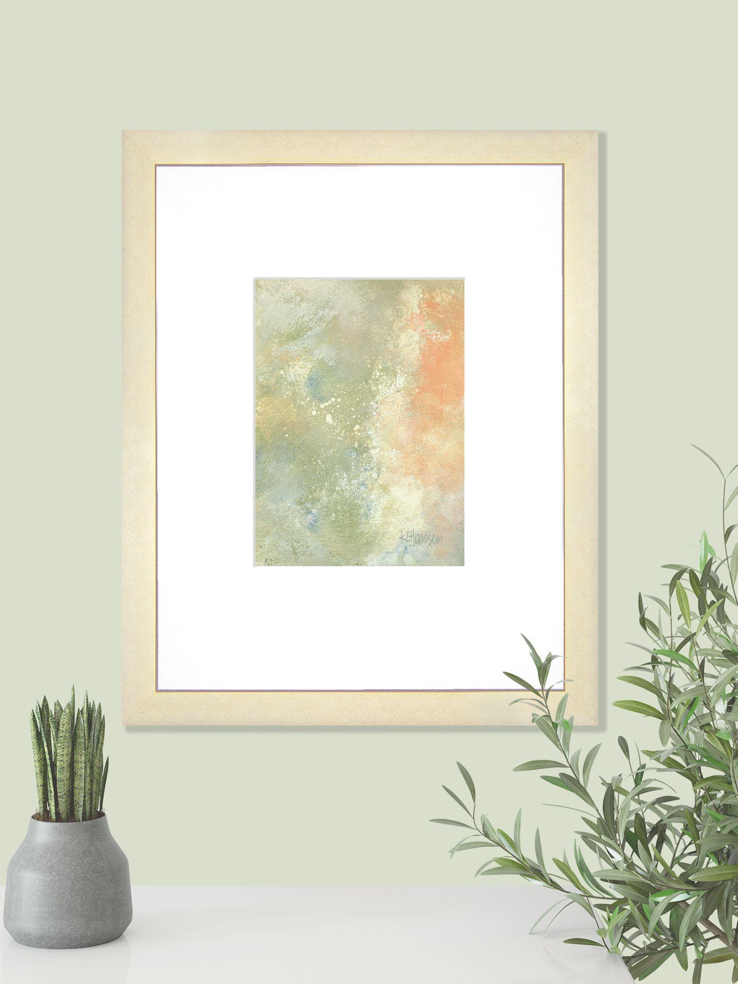 The quiet mood of this small piece has loads of visual texture among the touches of luscious peach, soft greens and blues. Itâ€™s been painted intuitively in acrylic on archival watercolor paper.  It is offered framed with a white matte and