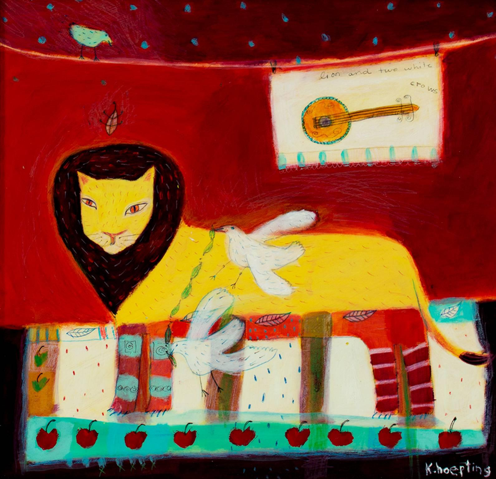 "Lion & Two White Crows" is an original acrylic painting on paper mounted on museum foamboard. It depicts a yellow lion and two white crows in front of a deep red background. There is also a musical instrument on a white towel hanging above, along