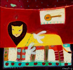 "Lion & Two White Crows, " Acrylic on Paper signed by Karen Hoepting