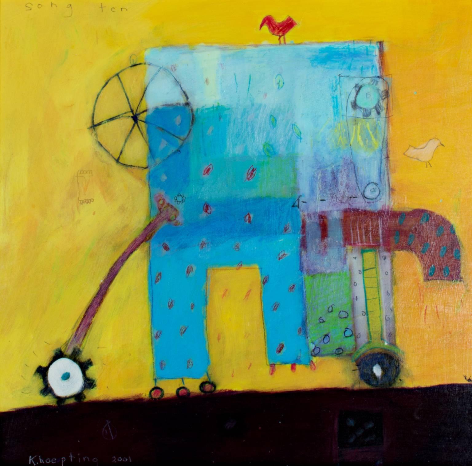 "Song Ten" is an original acrylic painting on paper by Karen Hoepting. It depicts a brightly-colored and abstracted machine. The artist signed the piece in the lower left and titled it in the upper left. 

15 1/2" x 15 1/2" art
25 3/8" x 25 3/8"