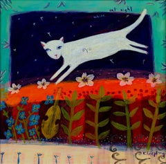 "White Cat Night, " Acrylic on Paper signed by Karen Hoepting