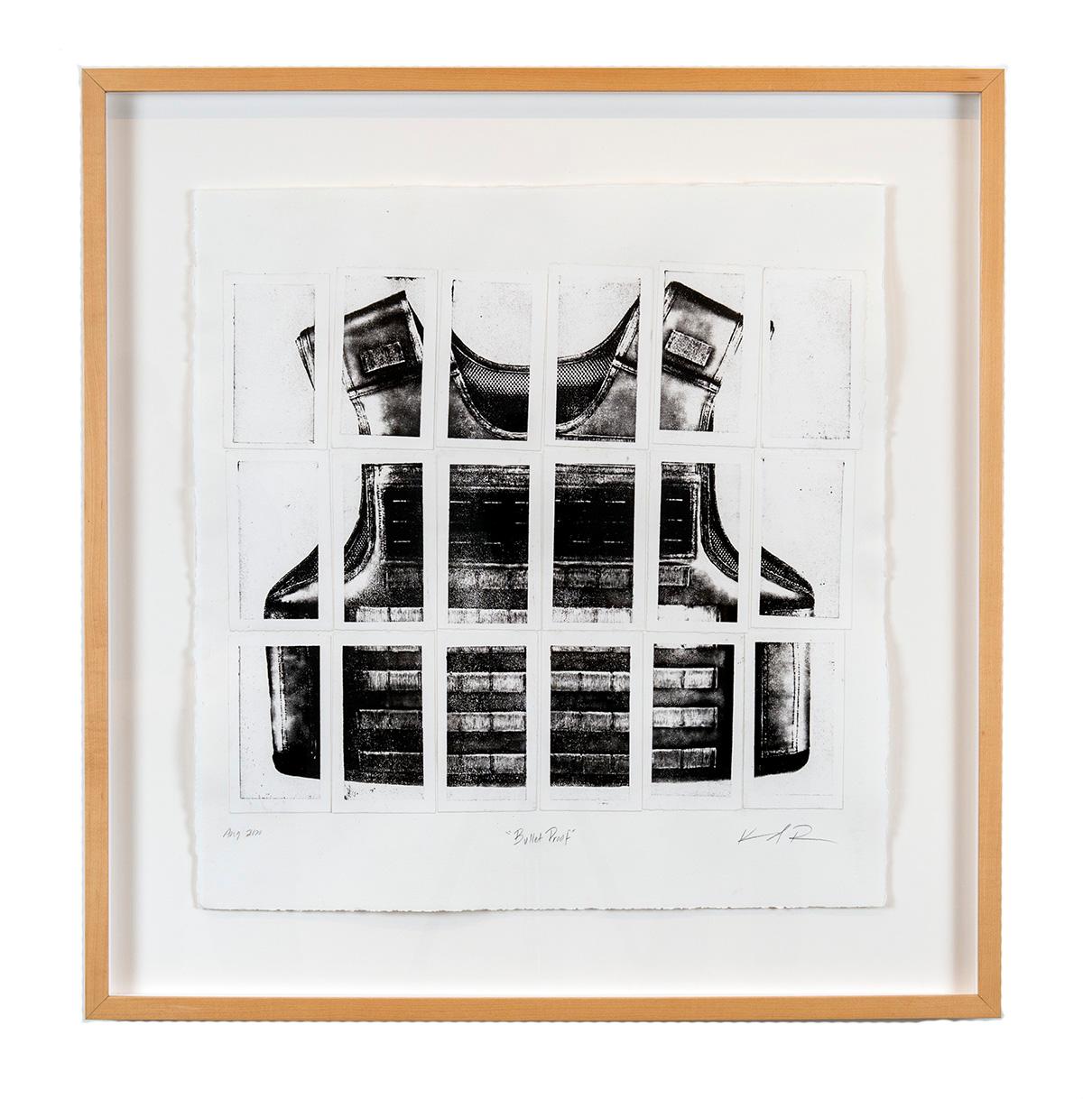 Karen J. Revis Still-Life Print - "Bullet Proof" Art on Paper, Lithography, print, political, black, white, litho