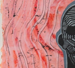 "Grey Face Pink Circles" .. art on paper, print, black, red, face, contemporary