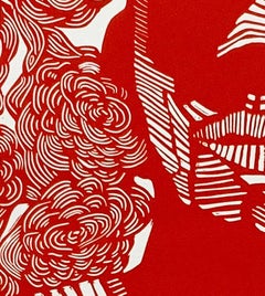 "Man with Flowers" Contemporary, red, pattern, portrait, floral, graphic, print