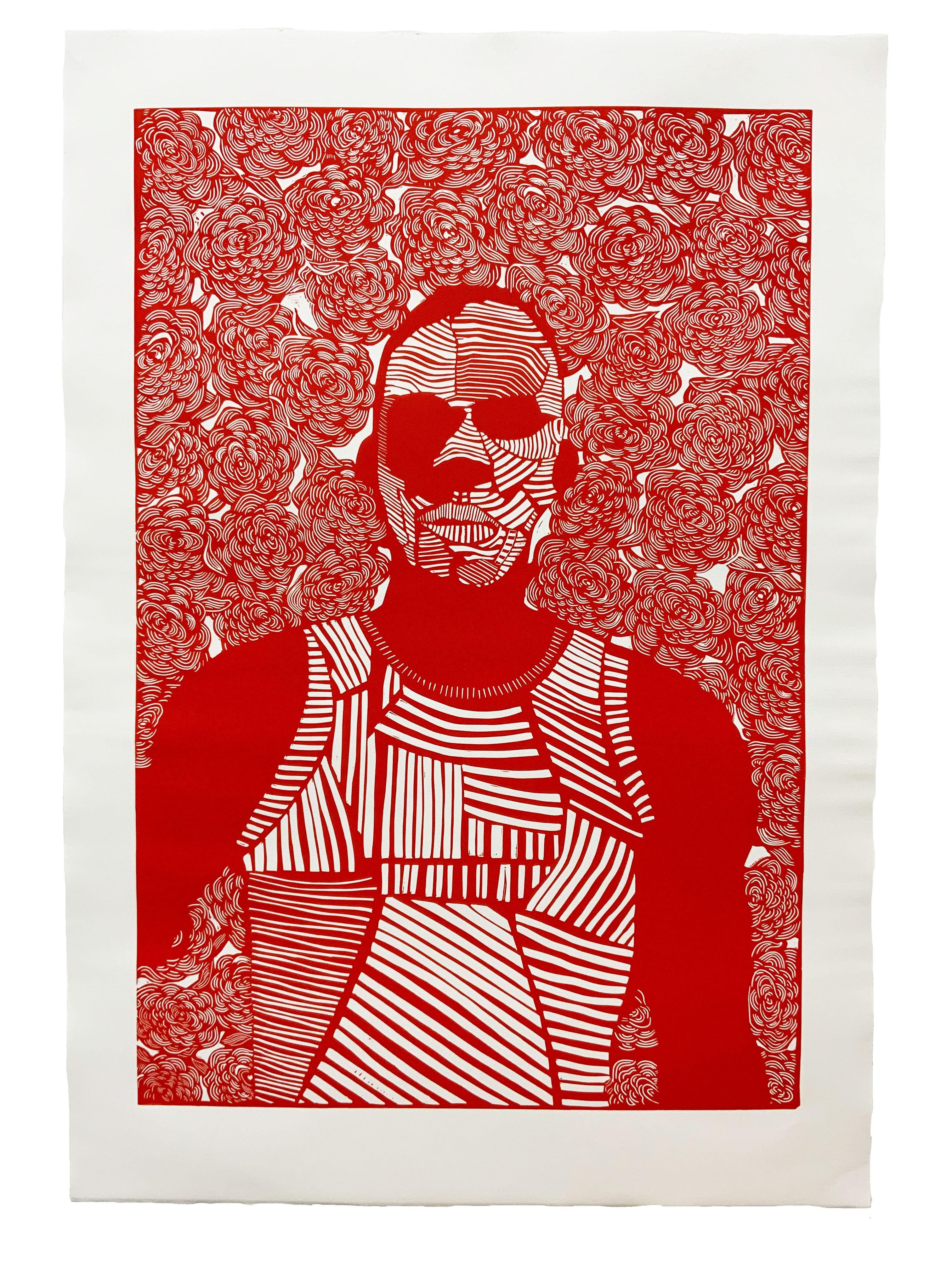 "Man with Flowers"  Contemporary, red, pattern, portrait, floral, graphic, print