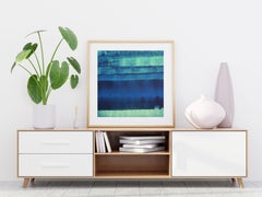 "Weeping Walls" Abstract, art on paper, blue, green, contemporary, printmaking