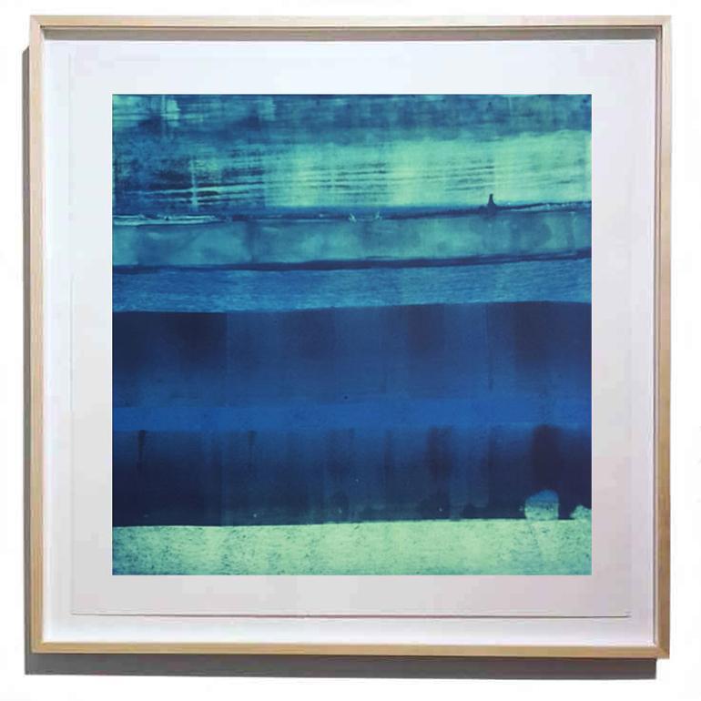 Karen J. Revis Abstract Painting - "Weeping Walls" Abstract, art on paper, blue, green, contemporary, printmaking