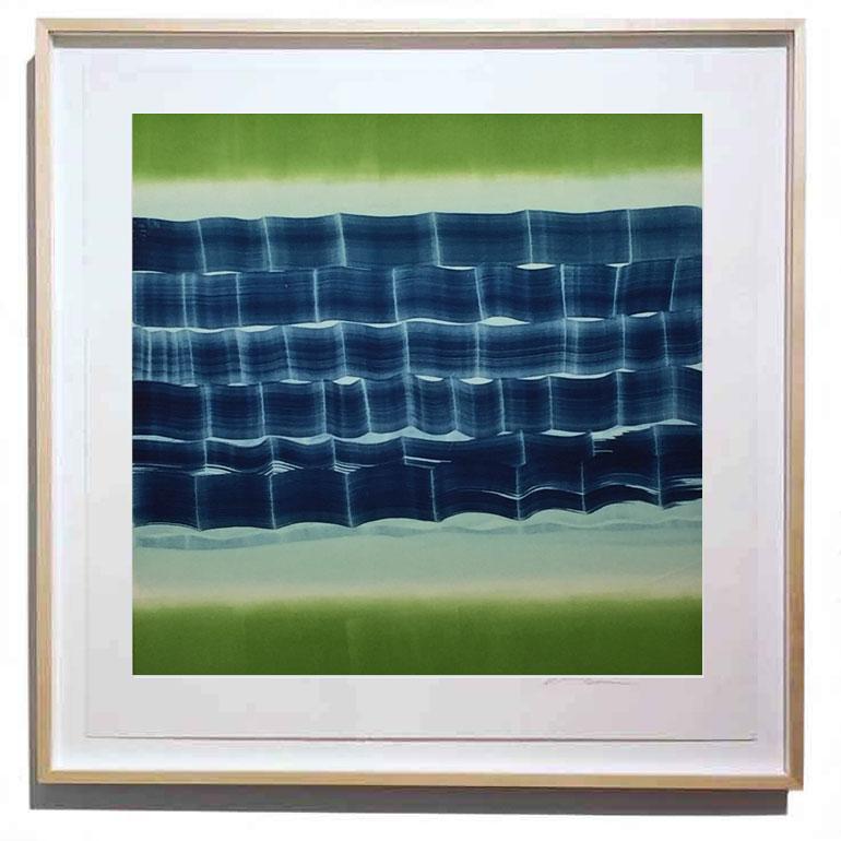 Karen J Revis Abstract Print - "Vivid Livid" Abstract, blue, green, monotype, waves, original print, 30 x 30 in