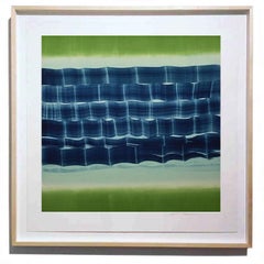 "Vivid Livid" Abstract, blue, green, monotype, waves, original print, 30 x 30 in