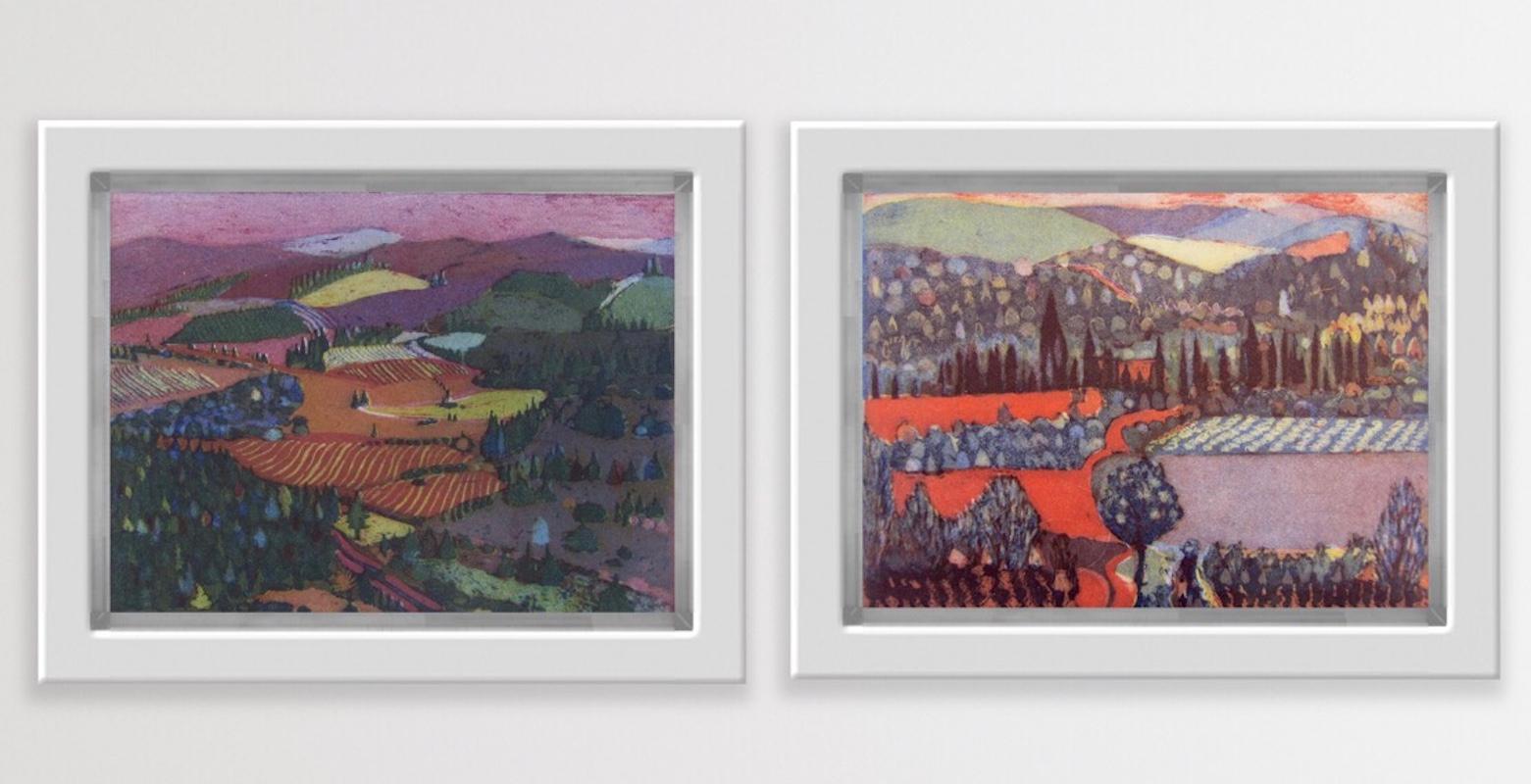 Karen Keogh Figurative Print - Over the Hill and Far Away and Magenta Sky diptych