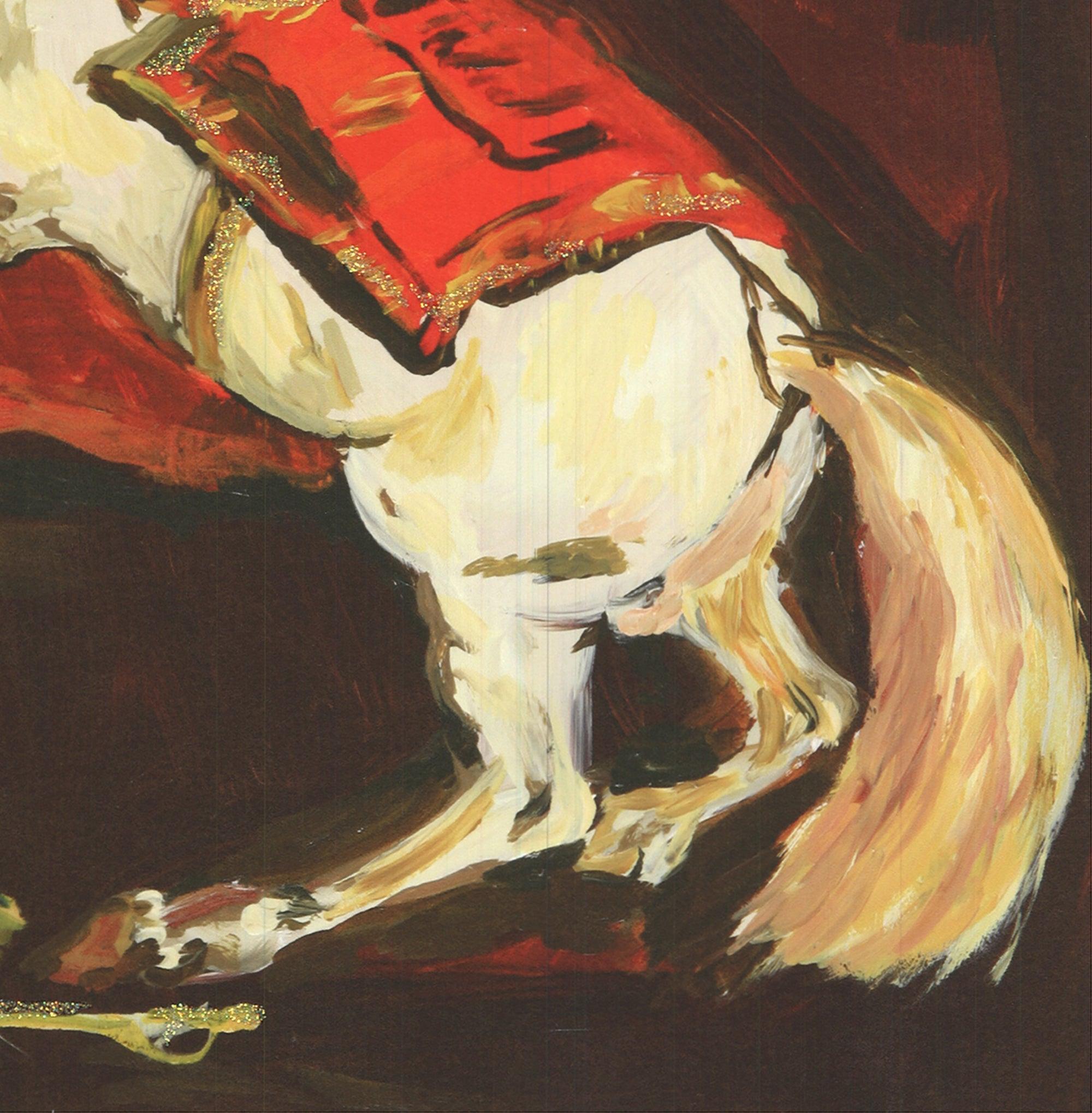 This piece is a Giclee print on sunset cotton etching with hand-applied glitter. Courtesy of 303 Gallery, New York. It is numbered #74/200. 
Kilimnik's paintings, is characterized by loose brushwork, bold colors are are often pastiches of the Old