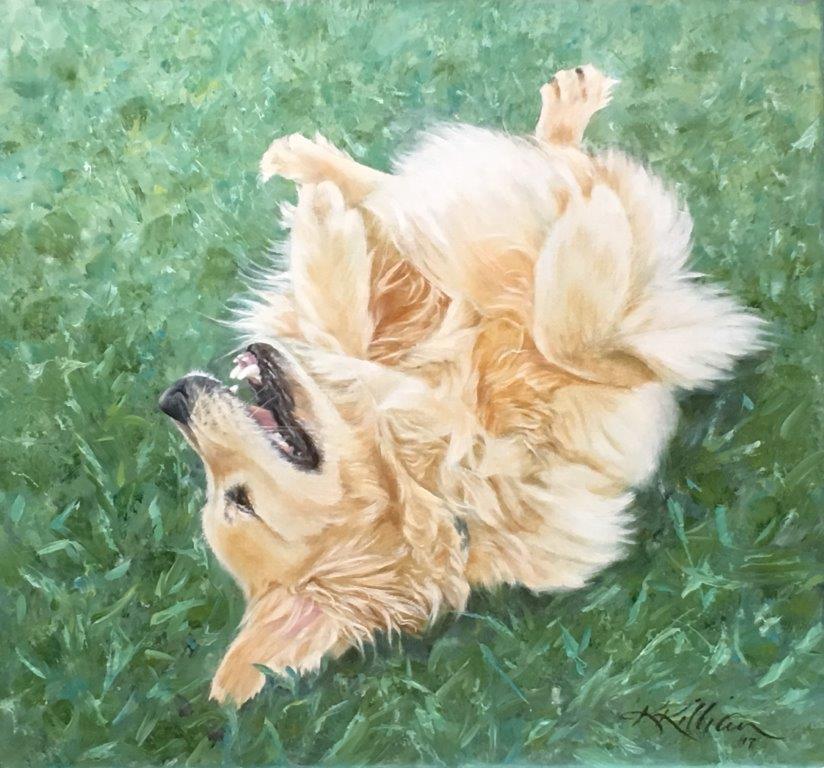 Golden Retriever incorniciati nel trittico Bottoms Up, BYOB e Shaken Not Stirred - Print di Karen Killian