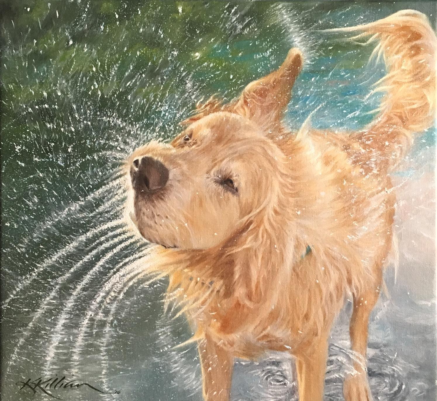 Golden Retriever incorniciati nel trittico Bottoms Up, BYOB e Shaken Not Stirred - Animal Print Grigio di Karen Killian