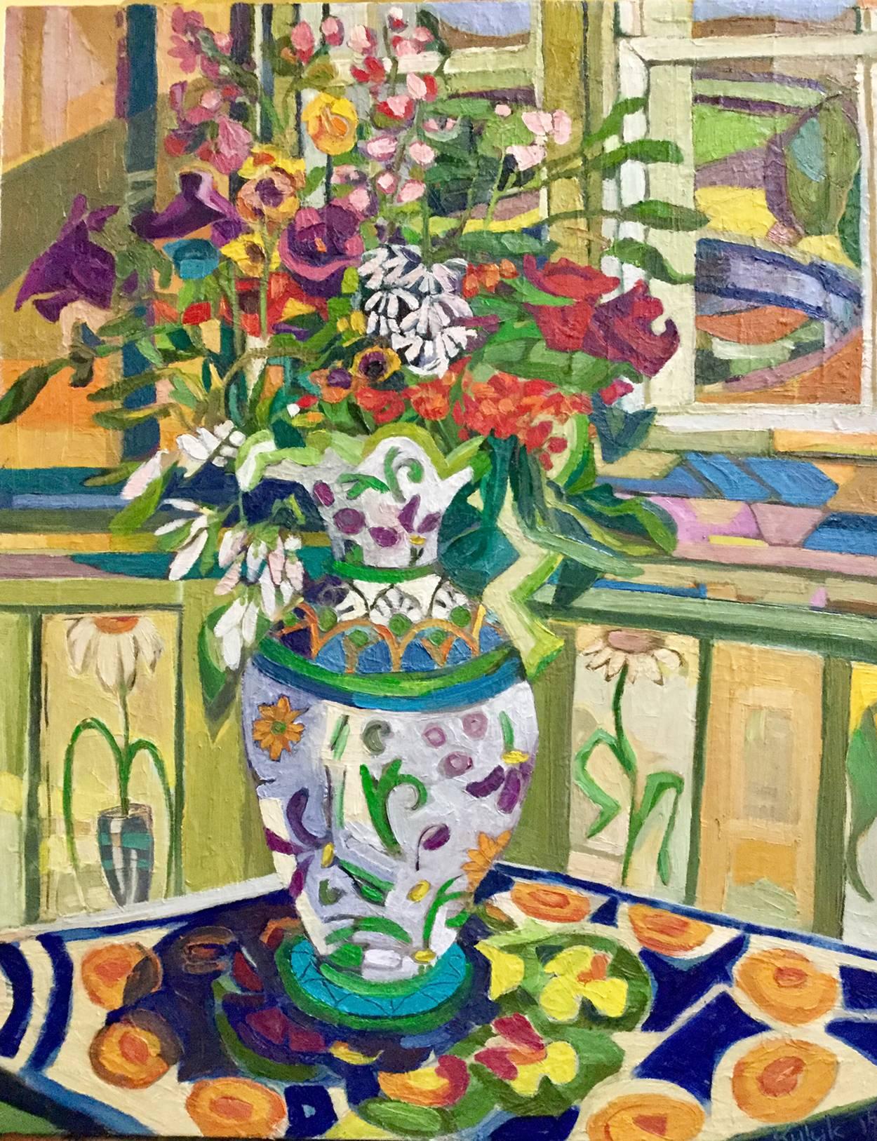 Karen Kulyk Landscape Painting - Interior with Jim Smith Vase, floral oil painting on canvas
