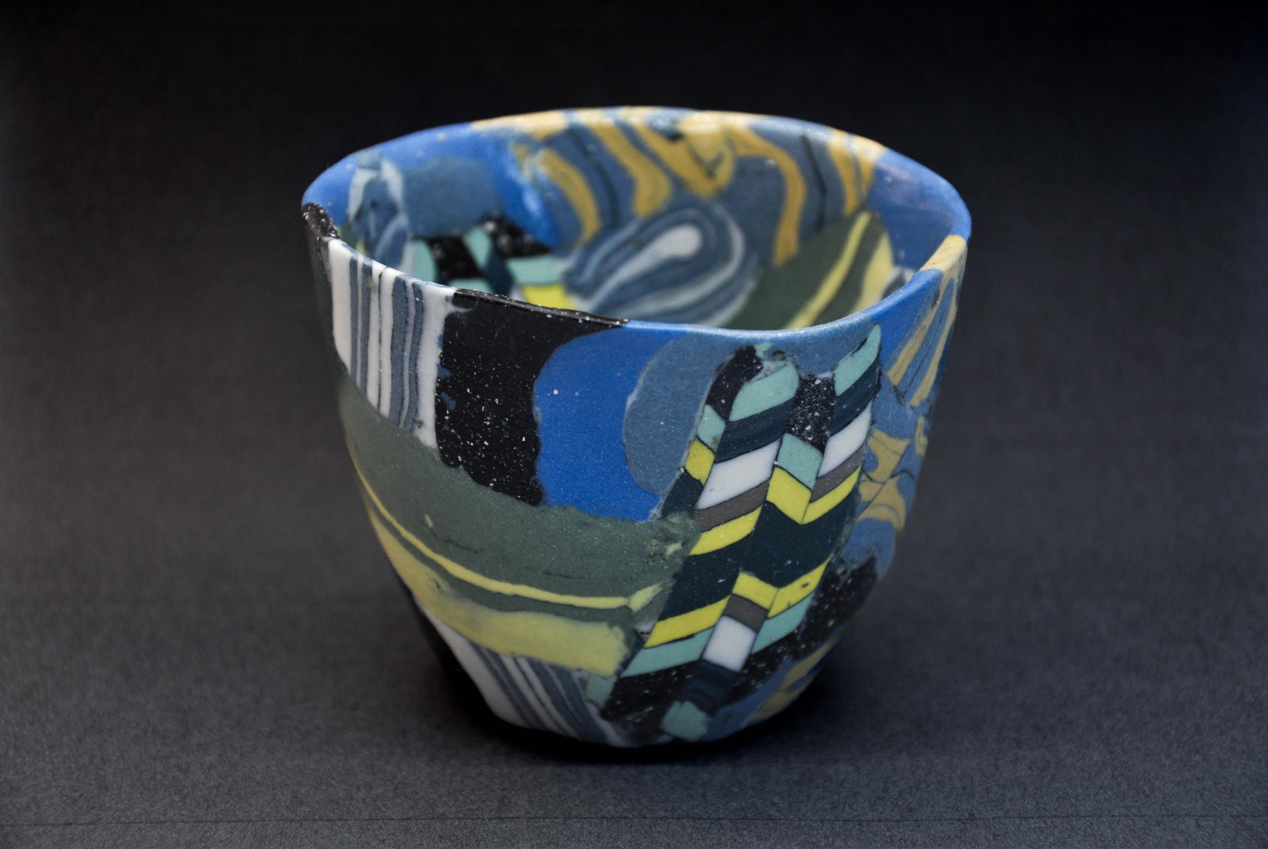 'Galaxy Cup No. 11' handcrafted, ceramic, porcelain, vessel, blue, yellow - Sculpture by Karen Kuo