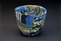 'Galaxy Cup No. 11' handcrafted, ceramic, porcelain, vessel, blue, yellow
