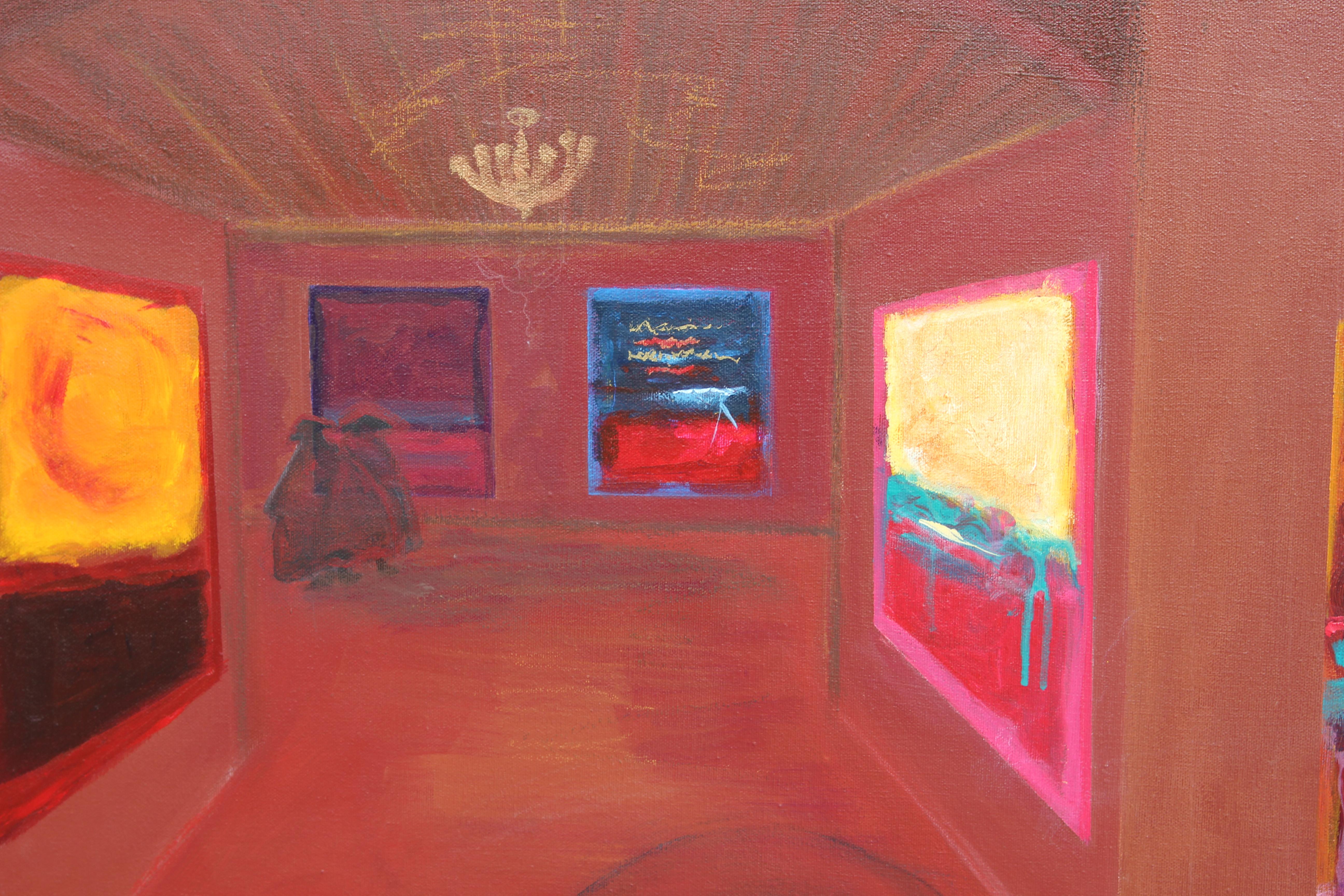 Large red toned gallery space of a selection of the artist's own work in the style of Mark Rothko's color field paintings. This piece is part of a series that the artist did exploring her own paintings in relation the galleries they were shown in.