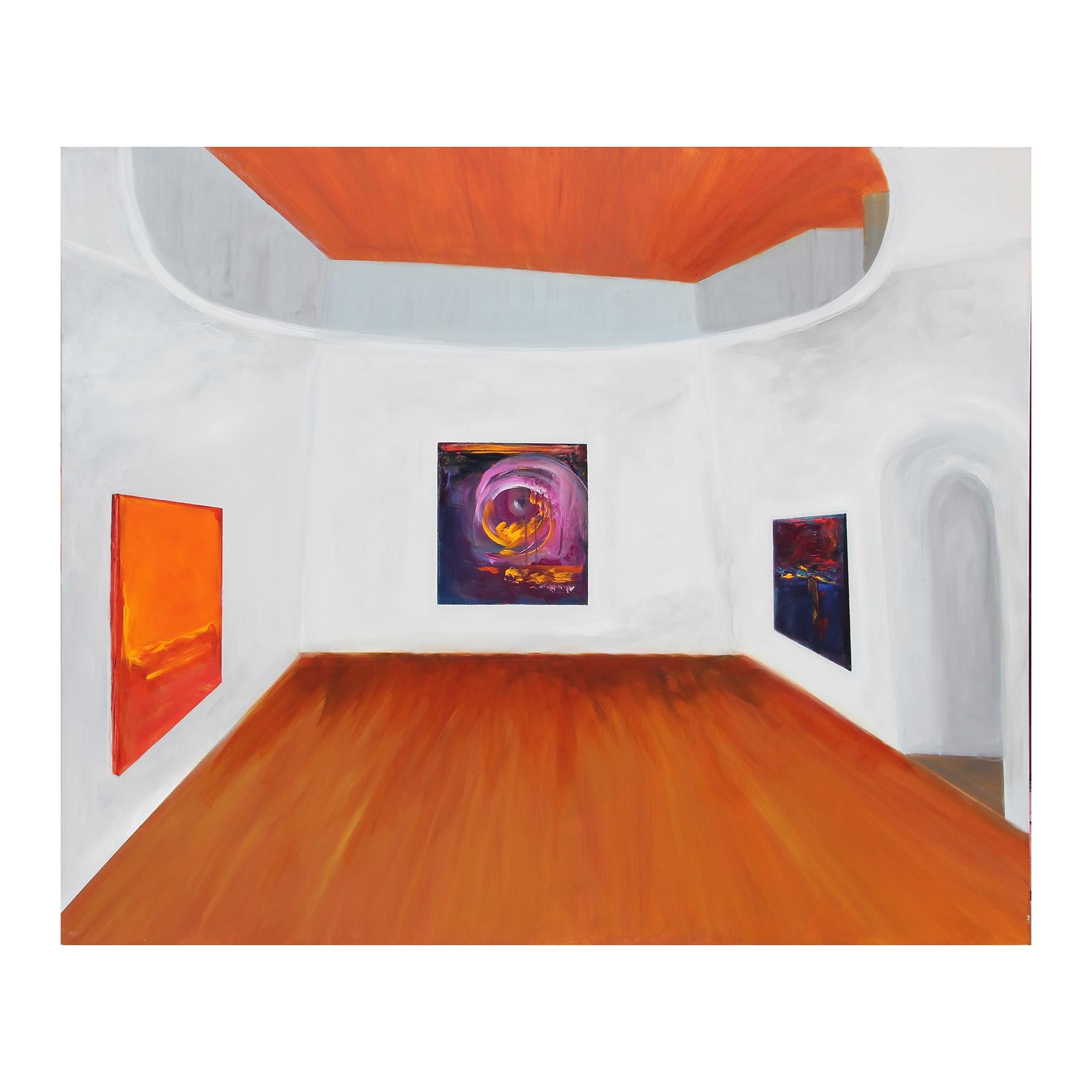 Porträt einer Ausstellung Großes weißes abstraktes expressionistisches Gemälde aus einer Galerie