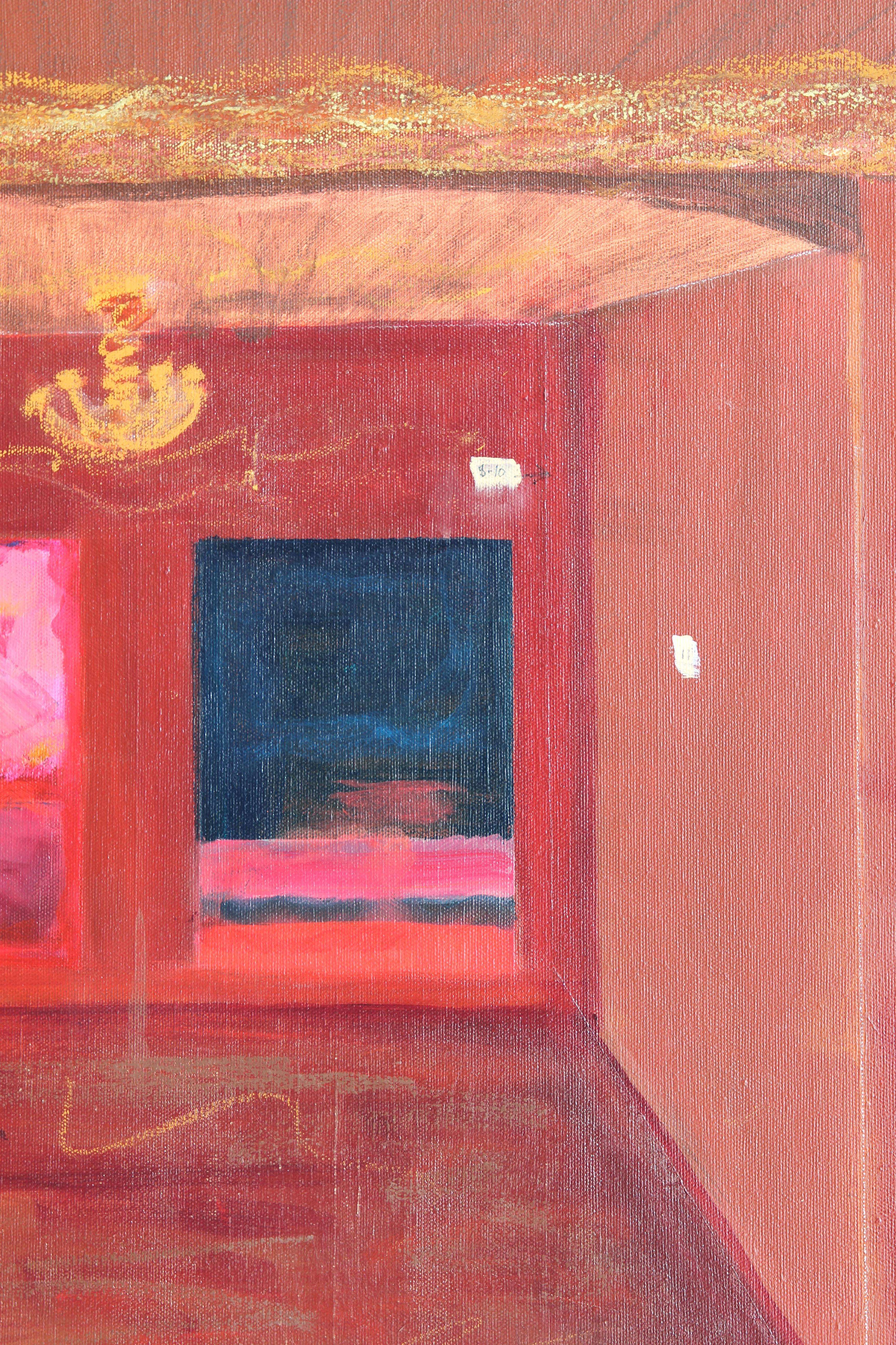 Large red and brown toned gallery space of a selection of the artist's own work in the style of Mark Rothko's color field paintings. This piece is part of a series that the artist did exploring her own paintings in relation the galleries they were