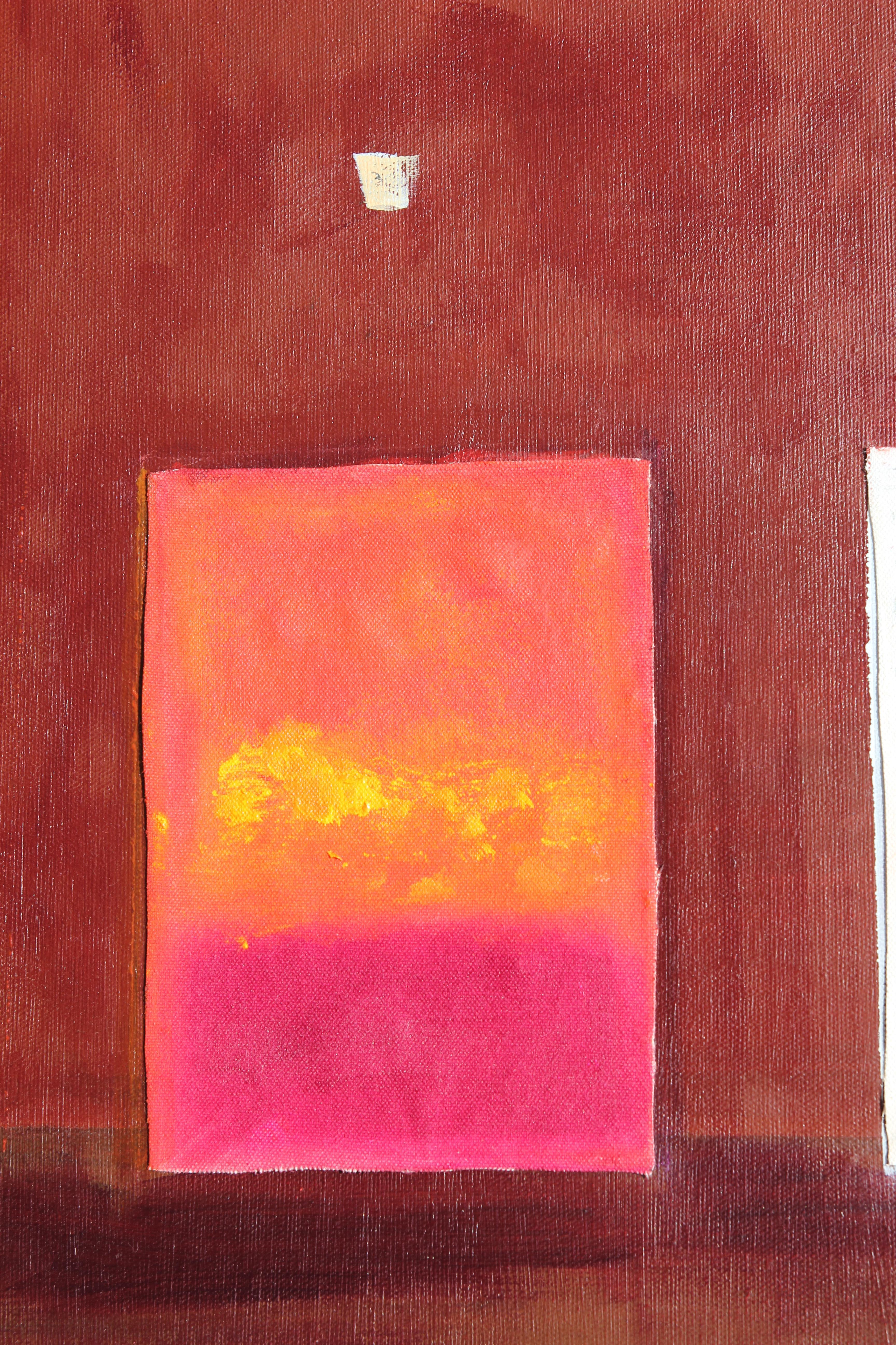 Red and Brown Toned Gallery with Package and Abstract Expressionist Paintings 1