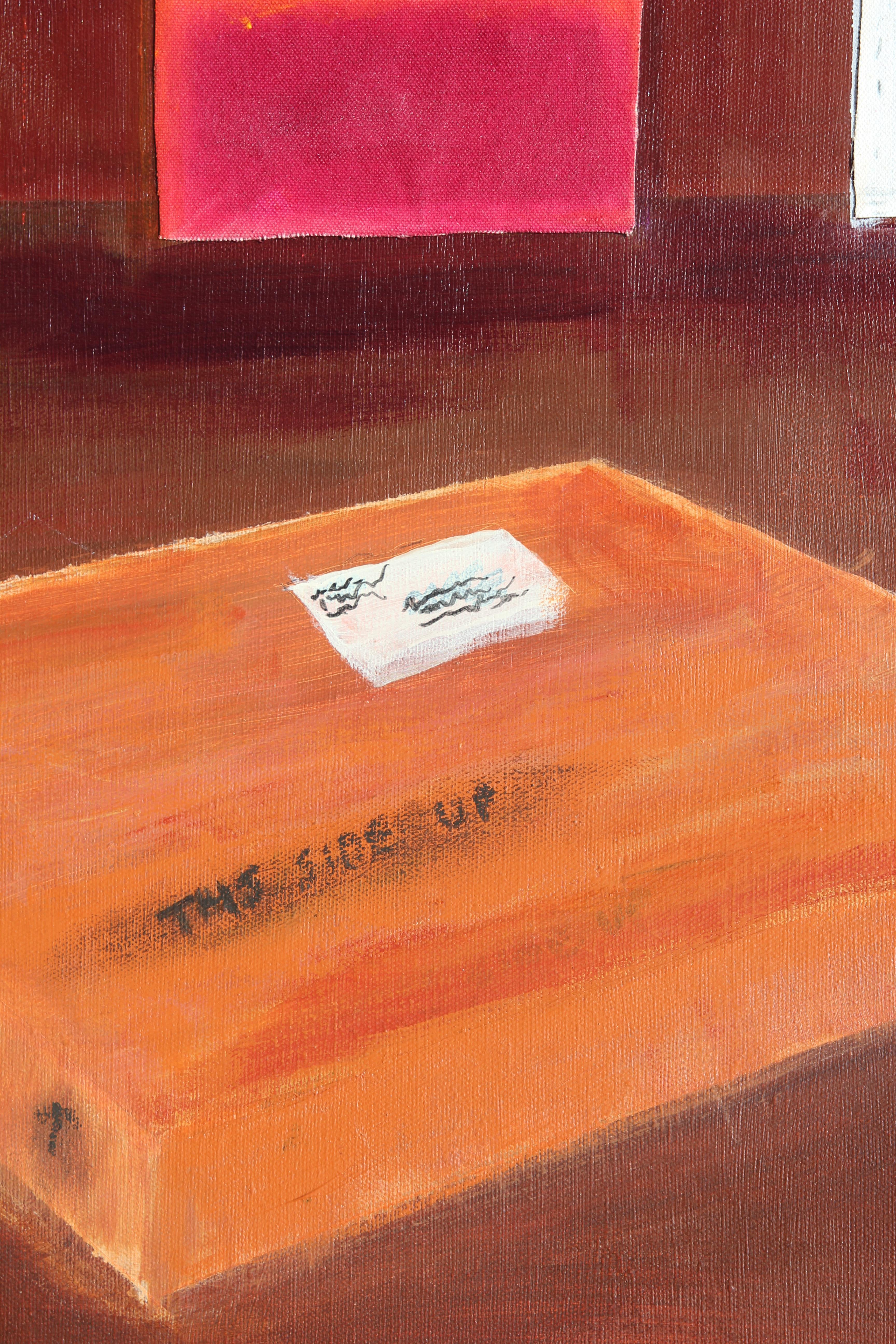 Red and Brown Toned Gallery with Package and Abstract Expressionist Paintings 2