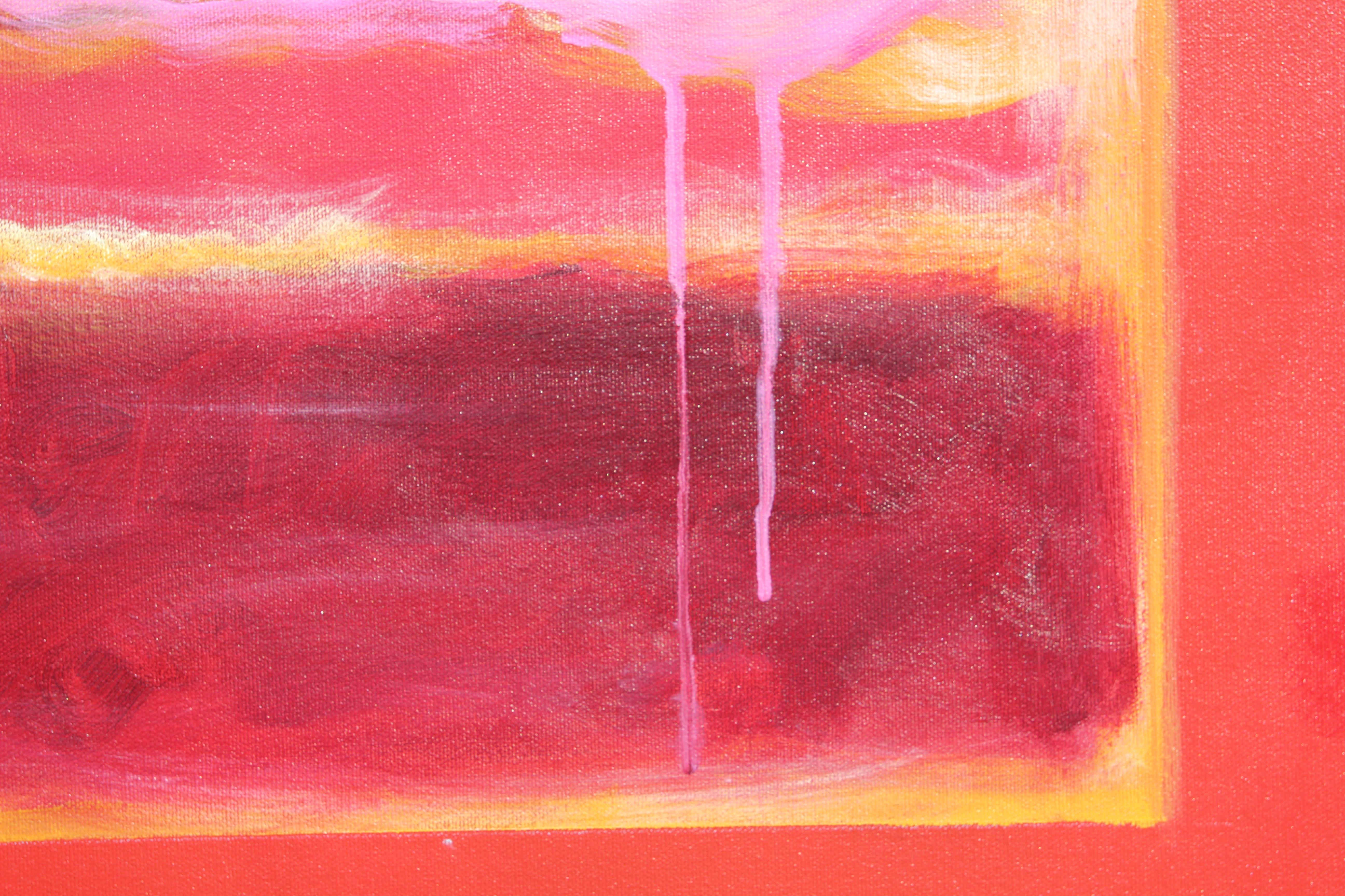 Large red toned gallery space of a selection of the artist's own work in the style of Mark Rothko's color field paintings. This piece is part of a series that the artist did exploring her own paintings in relation the galleries they were shown in.