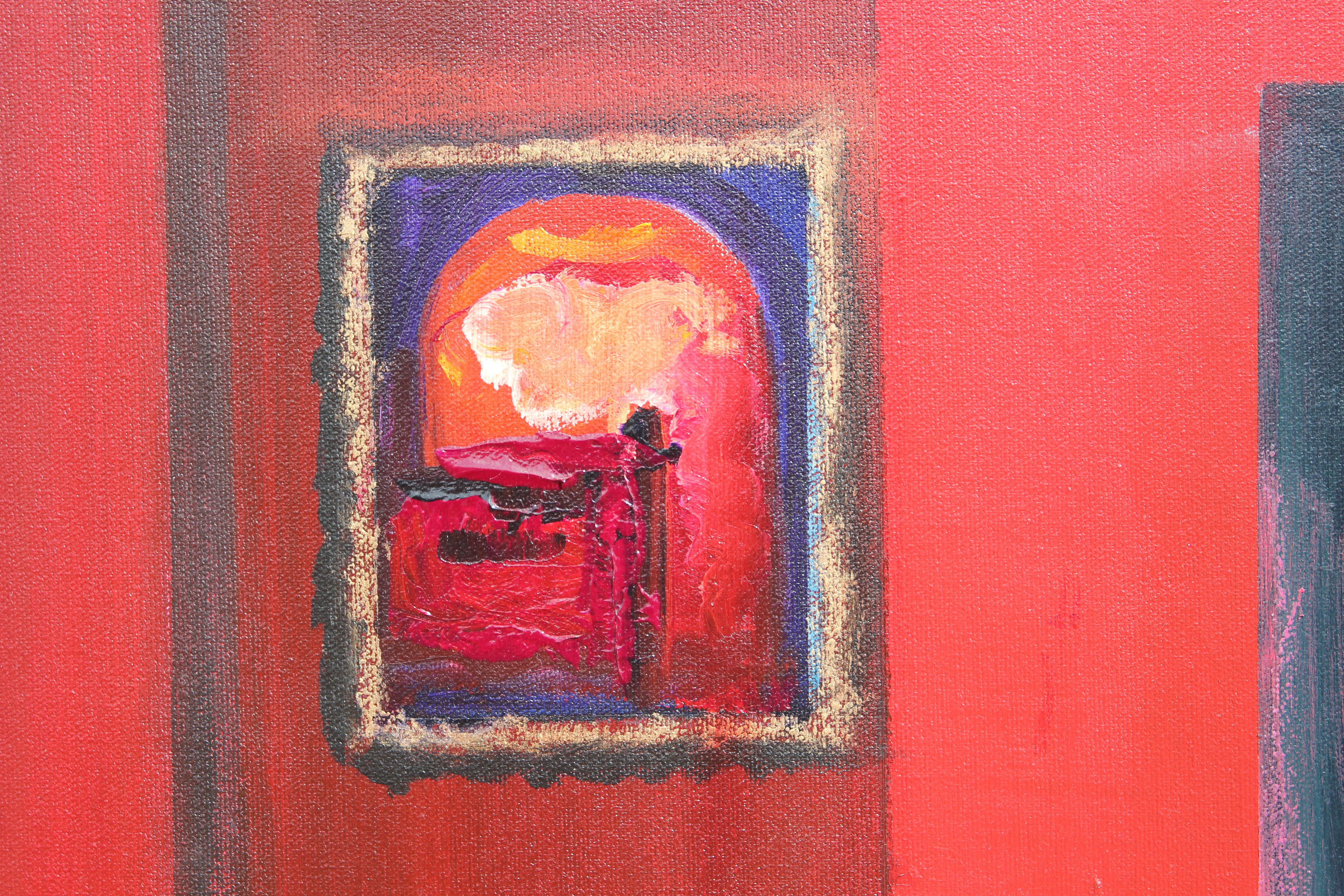 Rot getönte abstrakte expressionistische Galerieszene, Gemälde im Angebot 1