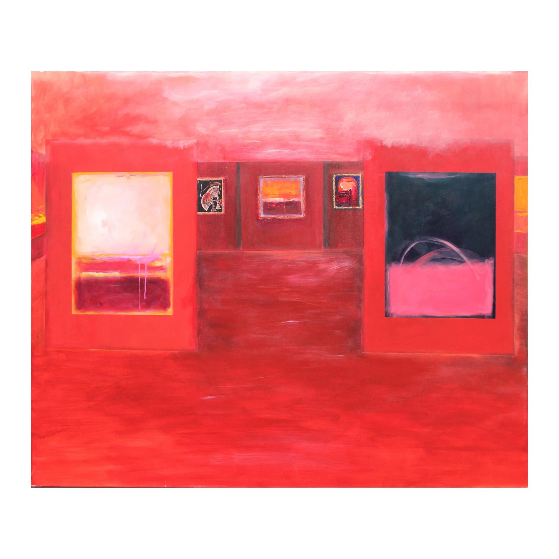 Karen Lastre Abstract Painting – Rot getönte abstrakte expressionistische Galerieszene, Gemälde