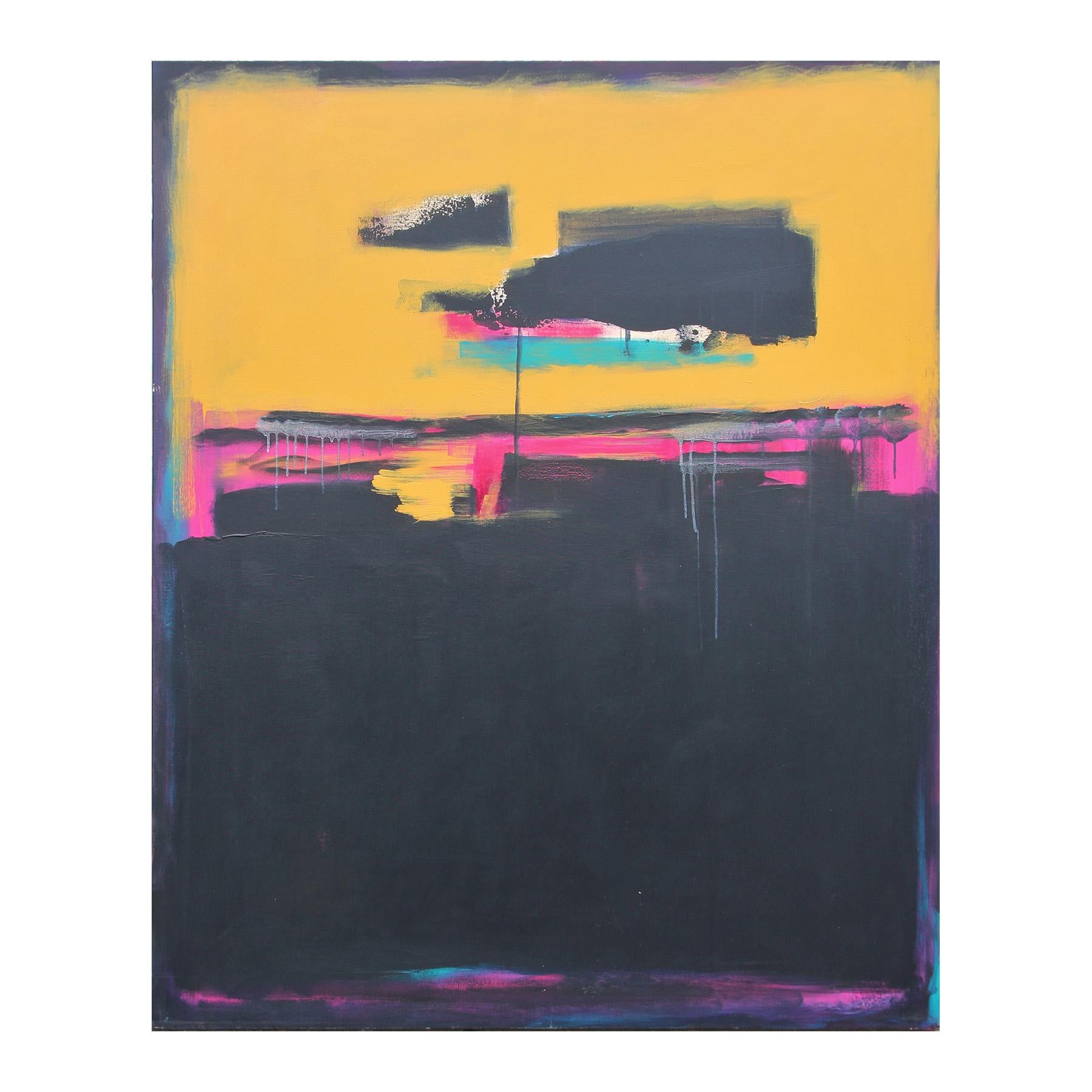 Karen Lastre Landscape Painting - “Reflections of the Past” Blue, Yellow, and Pink Abstract Expressionist Painting