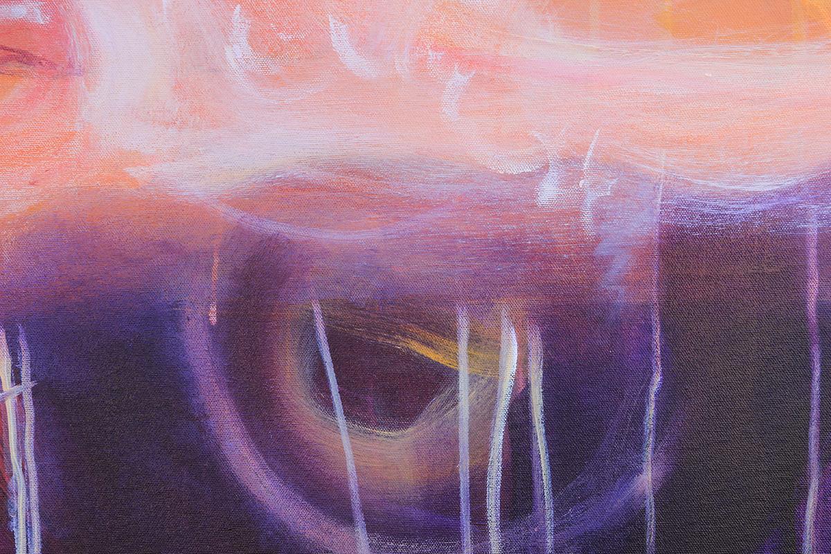Large abstract expressionist painting influenced by Mark Rothko that consists of purple, orange, and yellow tones. This painting is a part of the artist's series 