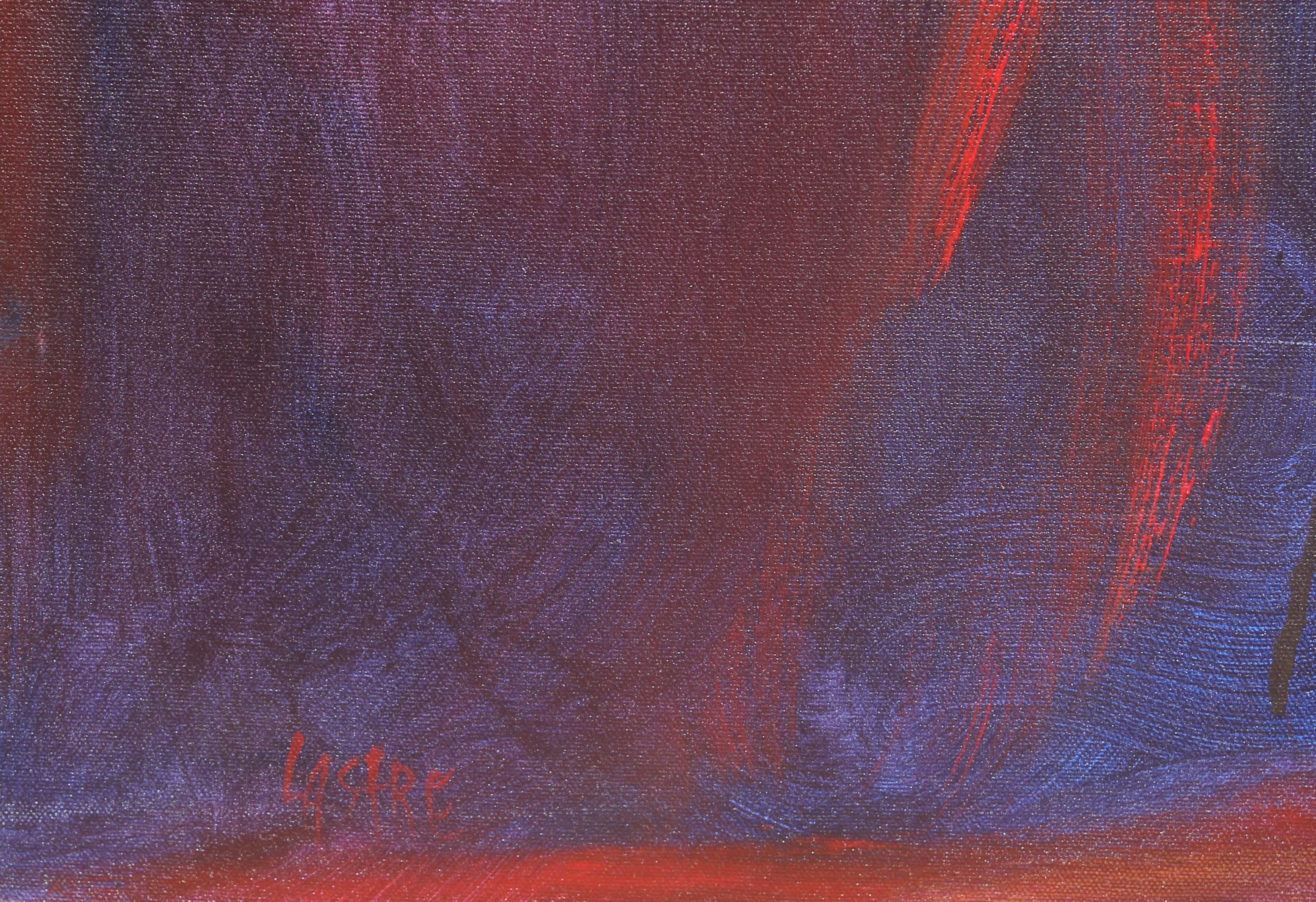 Grande peinture expressionniste abstraite rouge, orange et bleue en forme de V sonnant - Painting de Karen Lastre